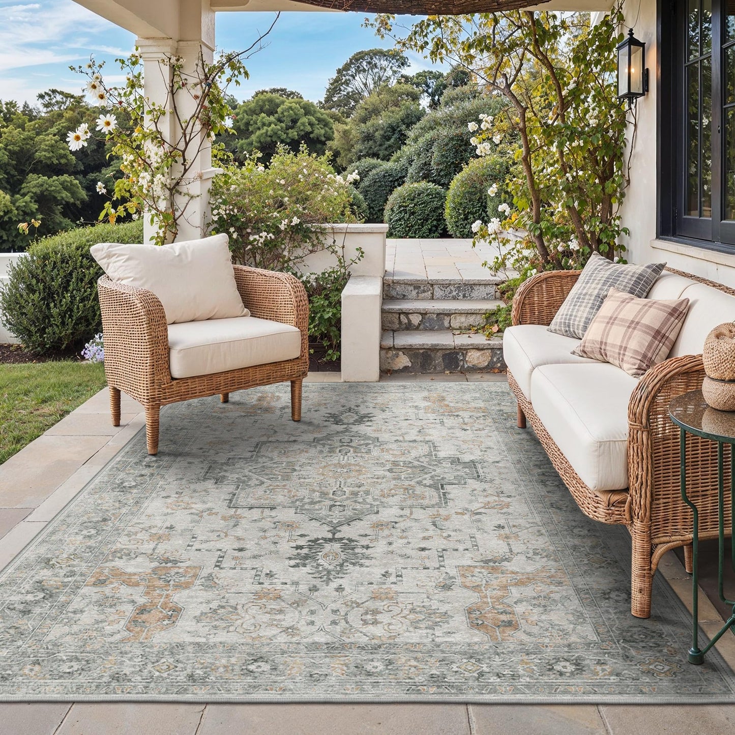 GENIMO Indoor & Outdoor Area Rug 5'x8', Waterproof, Non-Shedding, Easy Cleaning, Boho Mat for Patio, Living Room, Balcony, Dining Room, Deck, RV, Bedroom, Camping, Outside Carpet, Light Grey Brown