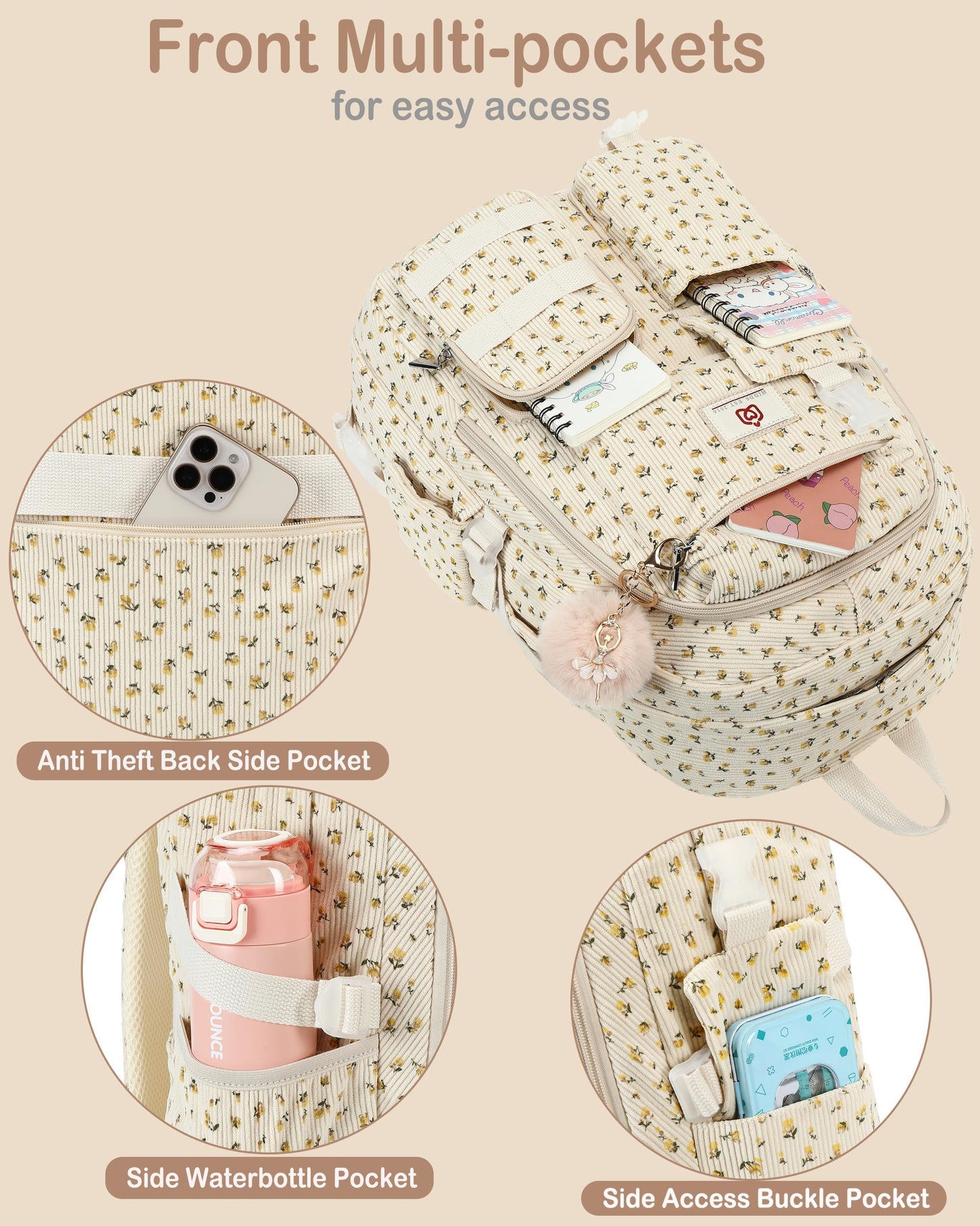 School Laptop Backpack for Teens Girls Women College Backpacks Corduroy Bag Students Bookbag Anti Theft Travel Daypack (Beige Floral)