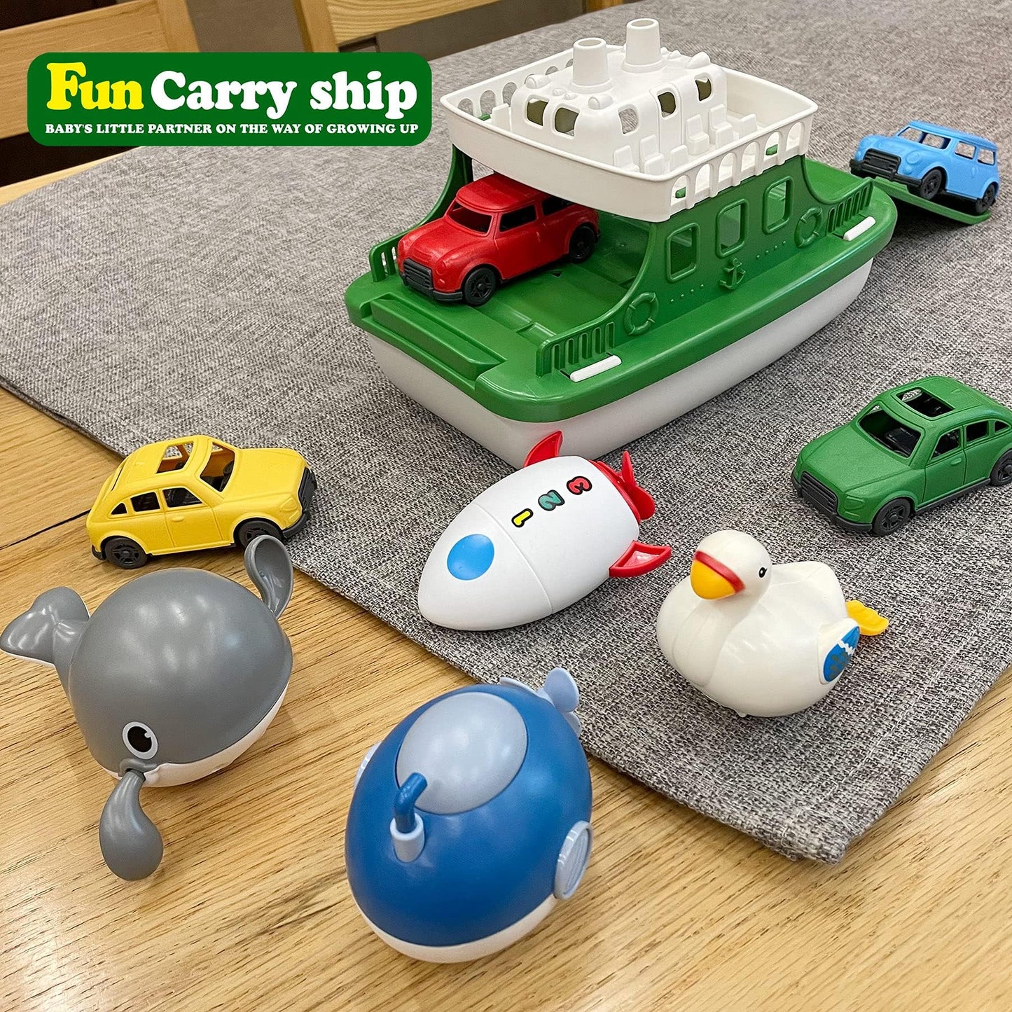 OKGIUGN Ferry Boat Toys Set with 4 Cars and 4 Wind Up Bath Swimming Toys, Kids Bath Toy Floating Vehicle Whales Submarines Swans Rockets, Bathtub Bathroom Pool Beach Toys for Toddlers Boys Girls Kids