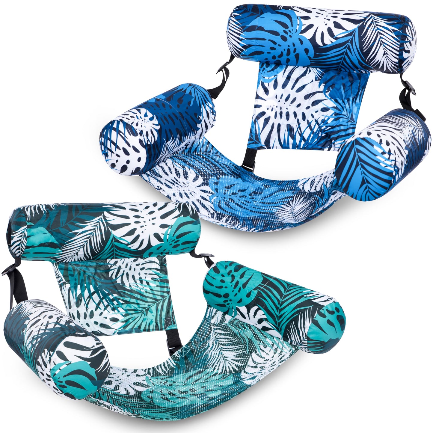 SLOOSH Inflatable Pool Floats Adult,2 Packs Floating Lounge Chairs,Blow up Pool Noodles for Adult Heavy Duty,Floating Chair for Party Summer Water Beach Lake Fun,Tropical Leaves-Green,Blue