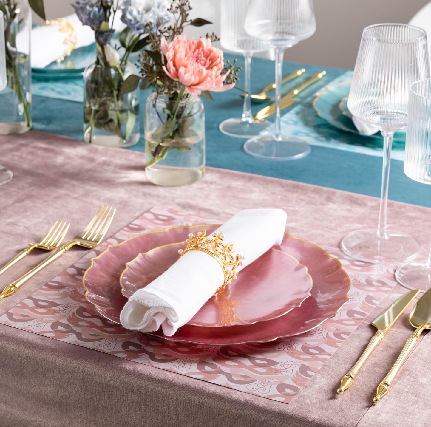 PLASTICPRO 48 Piece Aristocratic Combo Plastic Dinner Plates Disposable Plastic Fancy Heavy Duty Party Dishes 24, 7'' inch and 24, 10'' inch, Pearl Pink With Gold Rim