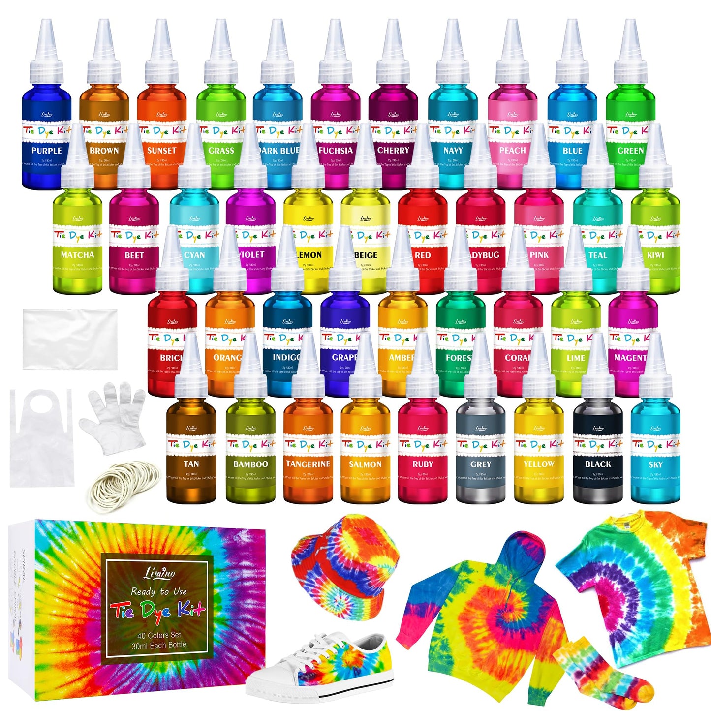 Tie Dye Kit - 40 Colors Permanent Fabric Dye with Rubber Bands, Gloves, Table Cover, Apron for Tie-Dye Art - All-in-1 Non Toxic Textile Paint Dye for DIY Shirt, Hoodie Clothing Painting