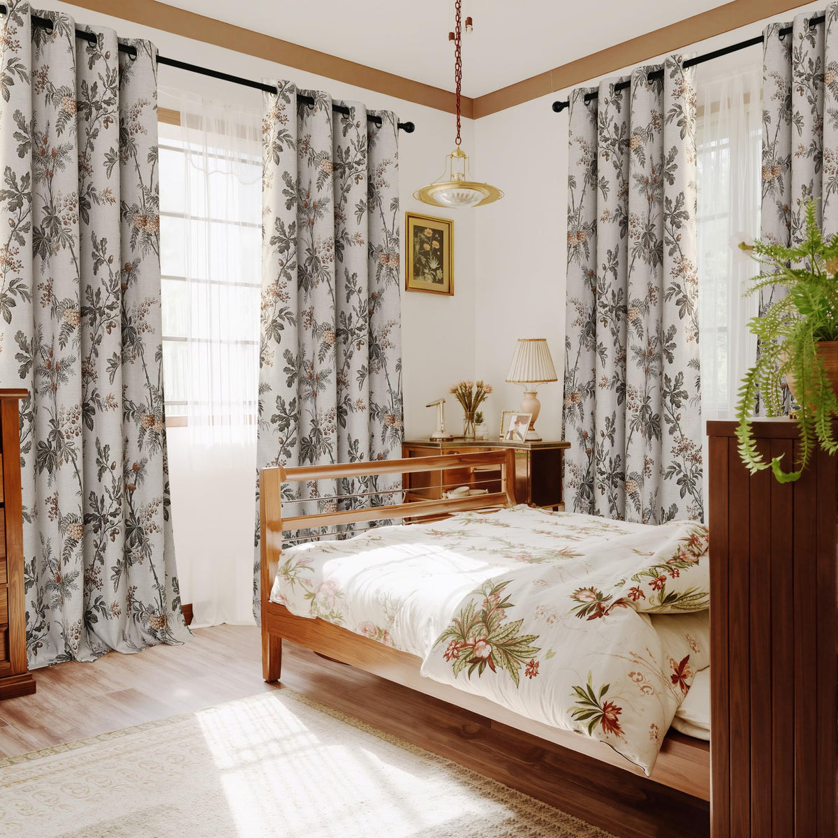 NICETOWN Dark Mallard Blackout Curtains 52 x 84 Inch， 2 Panels Set - Floral Print Window Drapes for Living Room & Bedroom， Energy Efficient Thermal Insulated Grommet - Farmhouse & Tropical Style