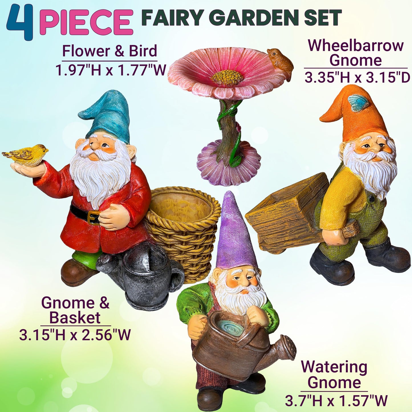 Mood Lab Miniature Garden Gnomes - Gardening Gnome Figurines & Accessories Set (4 pcs) 3.5" H - Indoor Outdoor Garden Decor