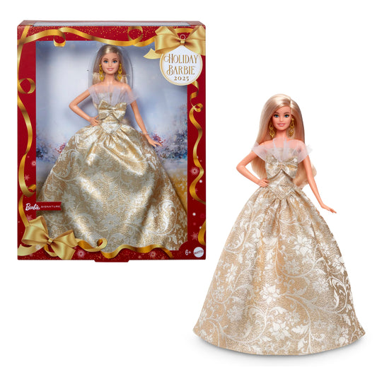 Barbie Signature Doll, 2025 Holiday Barbie Blonde Fashion Doll Wearing Silver & Gold Gown, Seasonal Collector in Displayable Packaging & Stand