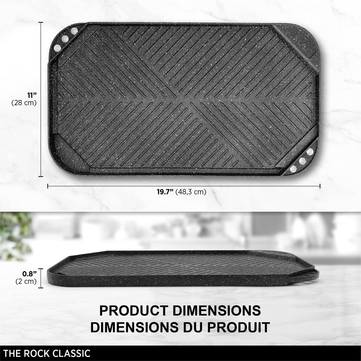 Starfrit The Rock 50x28cm (19.7" x 11") Non-Stick Reversible Grill & Griddle - Durable Forged Aluminum - Oven Safe - PFOA Free - Easy to Clean - Black
