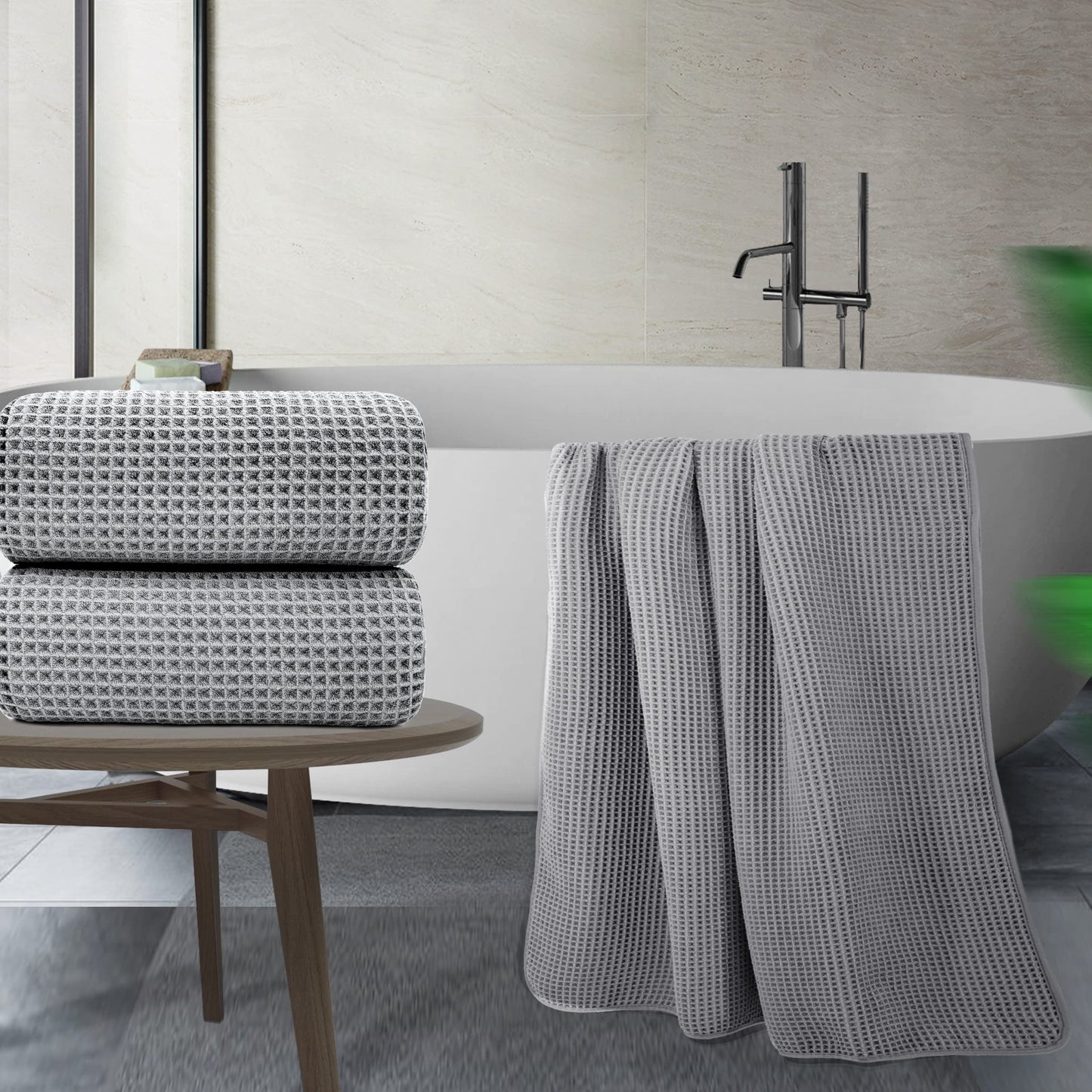 POLYTE 430 GSM Microfiber Quick Dry Lint Free Bath Sheet, 70 x 35 in, Set of 2 (Waffle Weave)