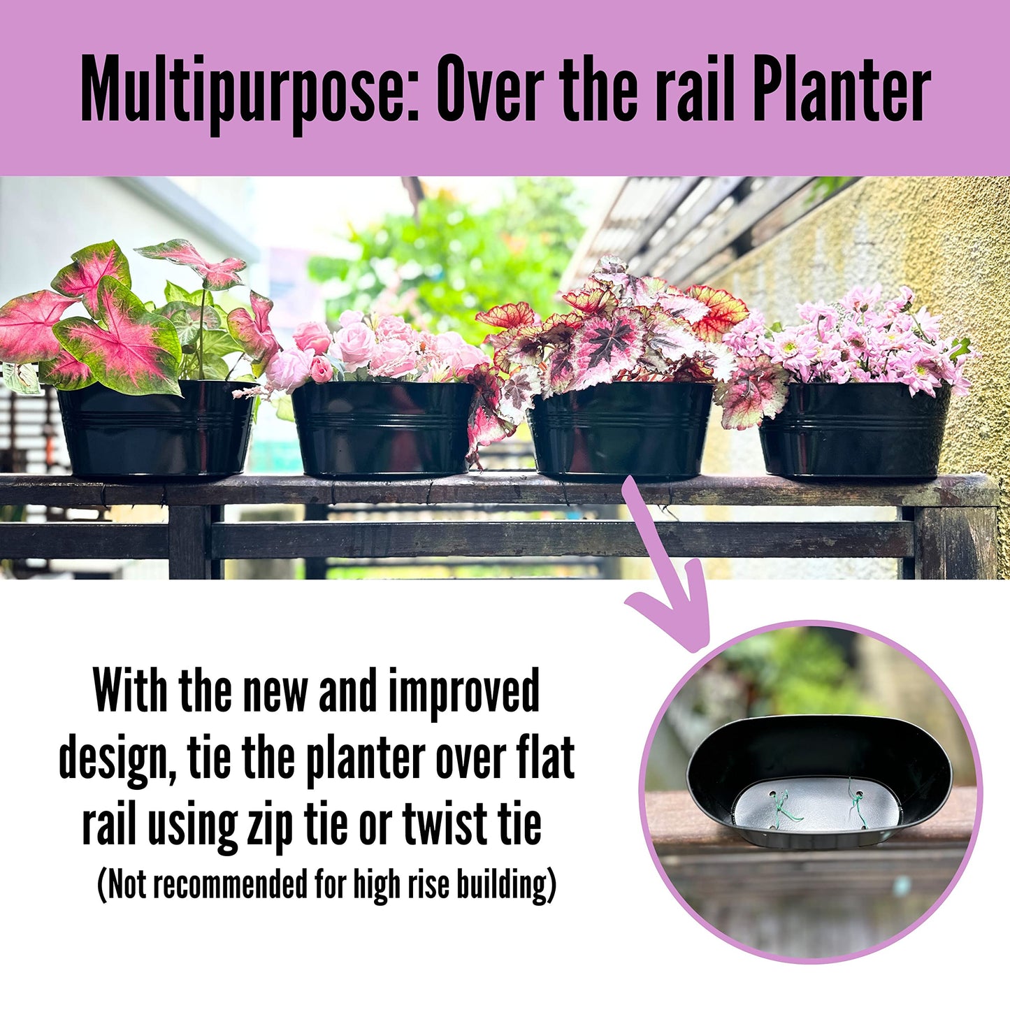 LaLaGreen Rail Planter Outdoor Plants(11.8 Inch, 15 Pack) Black Metal Iron Hanging Flower Pots Deck Railings Fence Buckets Modern Countryside Boho Style Wall Mount Window Box Plant Holder Porch Decor