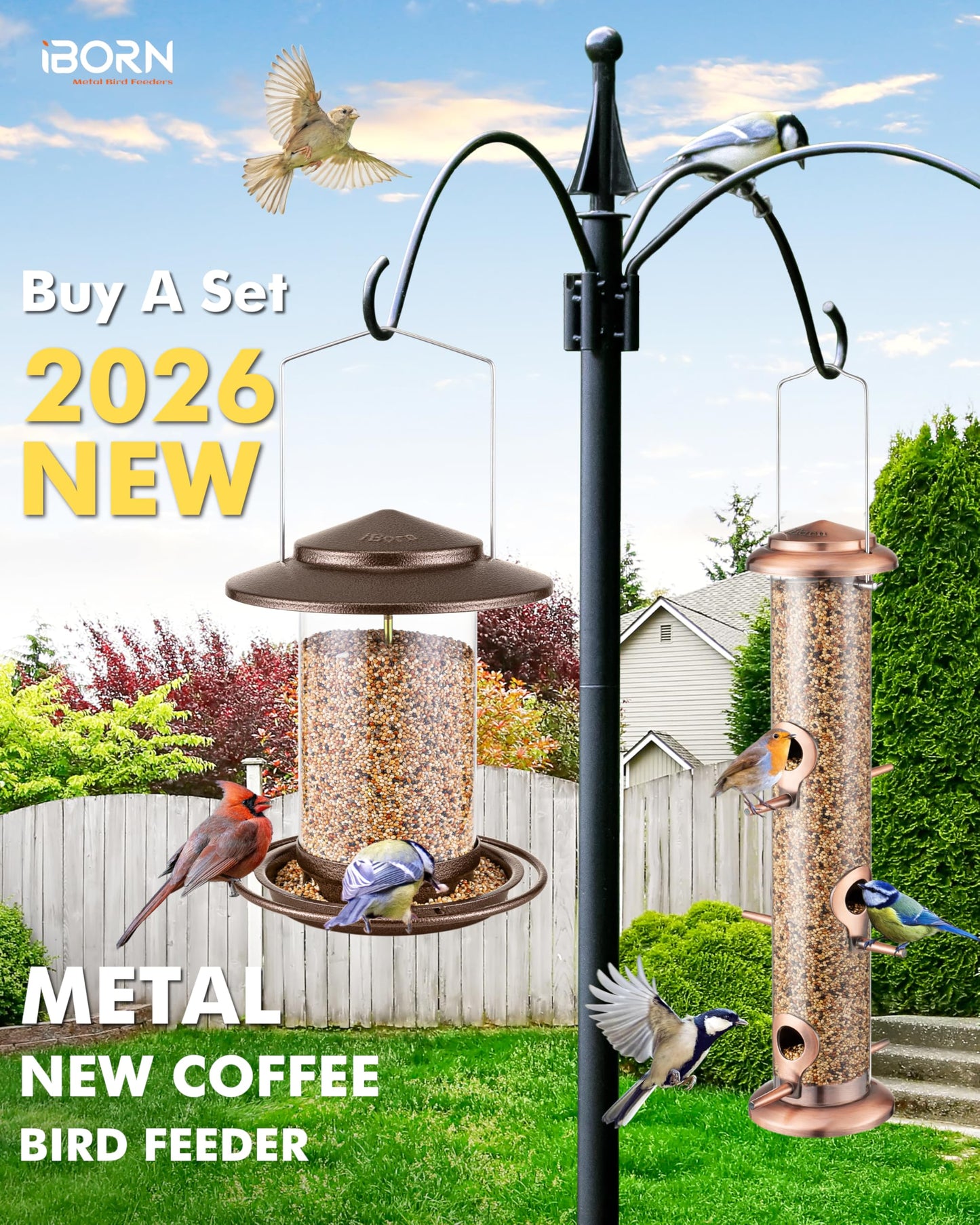 iBorn Bird Feeder for Outside Hanging,Bird Seed for Outside Wild Bird Feeders for Garden Yard Outdoor Decoration,Round Roof Design Coffee