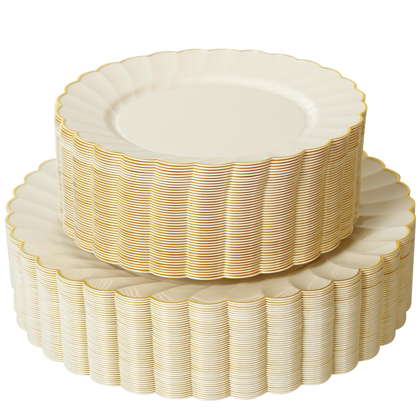 ISFANGCO 72PCS Ivory Plastic Plates Set for 36 Guests, Heavy Duty Disposable Gold Rim Scalloped for Wedding Party, 36 Dinner Plates 10.25", 36 Dessert Plates 7.25"