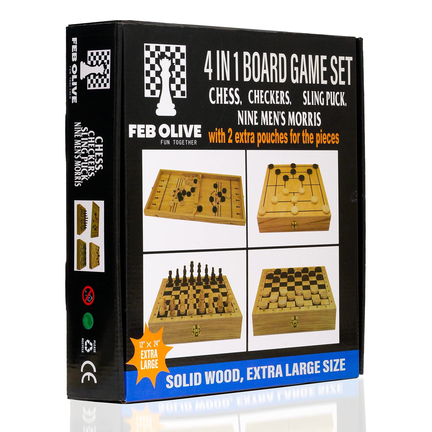 4 in 1 Board Game Set - Extra Large Sling Puck Game Wooden Chess Board Sets, Checkers Board Game for Adults Nine Mens Morris | Wooden Chess Set String Puck Game & Checkers Game for Kids