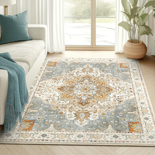 OLANLY Vintage Area Rug, 3x5 Soft Floral Print Rugs for Living Room, Low Pile Washable Rug with Non Slip Backing Boho Retro Carpets Rugs for Bedroom Dining Room Living Room Home Office, Beige