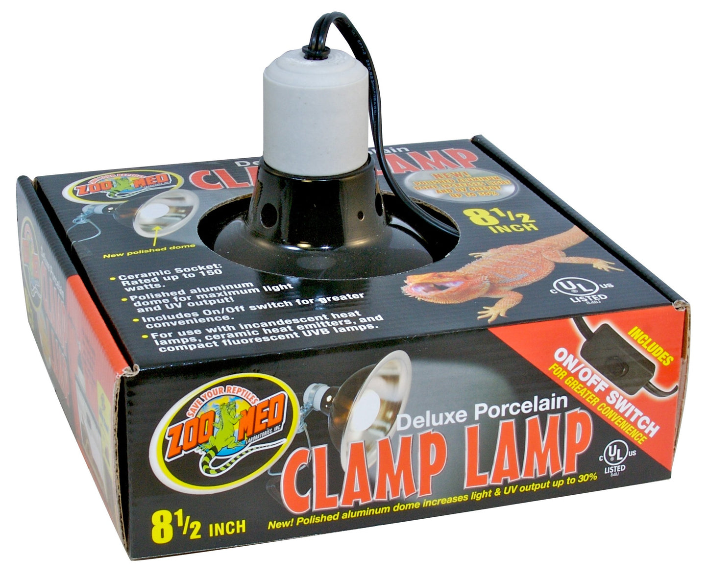 Zoo Med Laboratories LF12 Deluxe Porcelain Clamp Lamp with 8.5" Dome, Black White