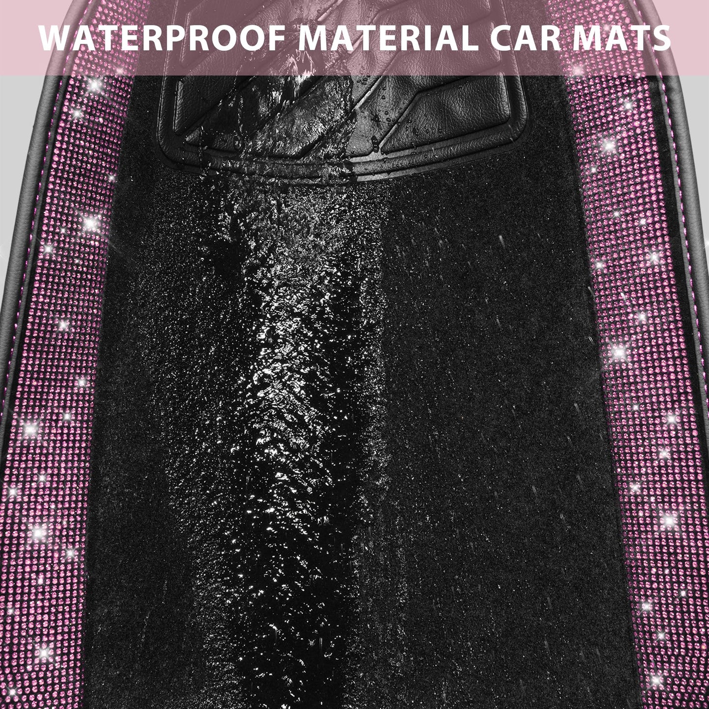 CAR PASS Shining Rhinestones Carpet, Bling Crystal Diamond Sparkly Glitter Car Floor Mat, Anti-Slip PVC Heel Pad Automotive Universal Fit for SUV Sedan Car Van, 4pcs for Girl Cute Women (Black Pink)