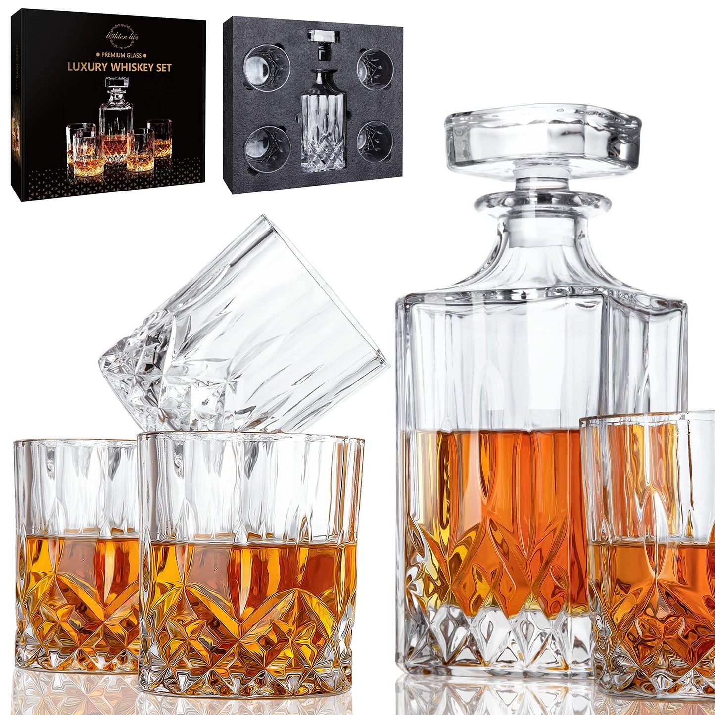 LIGHTEN LIFE 5 Piece Whiskey Decanter Set, Non-Lead Crystal Bourbon & Scotch Decanter with 4 Glasses in Gift Box for Men & Dad