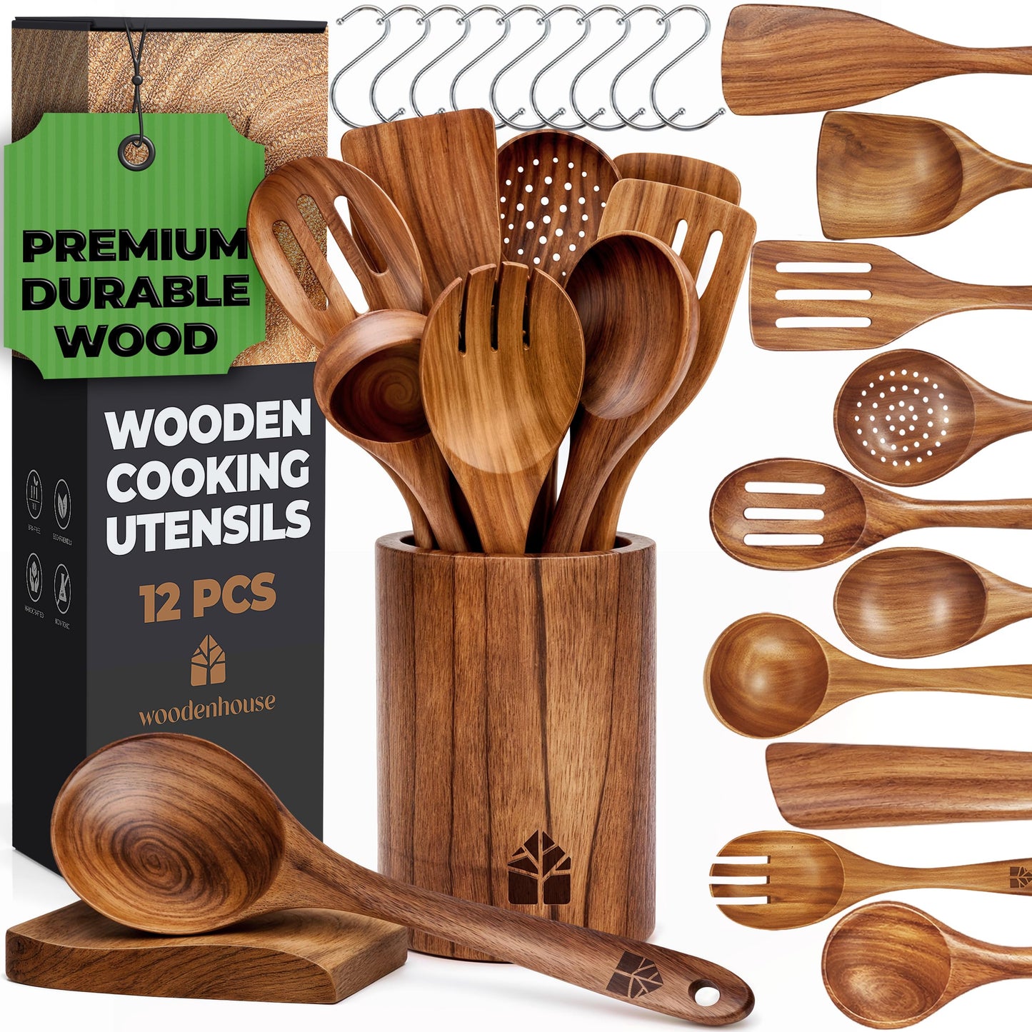 Wooden Spoons for Cooking – Wooden Cooking Utensils Set with Holder, Spoon Rest & Hooks, Teak Wood Nonstick Kitchen Cookware – Kitchen Utensil Set of 12pcs by Woodenhouse