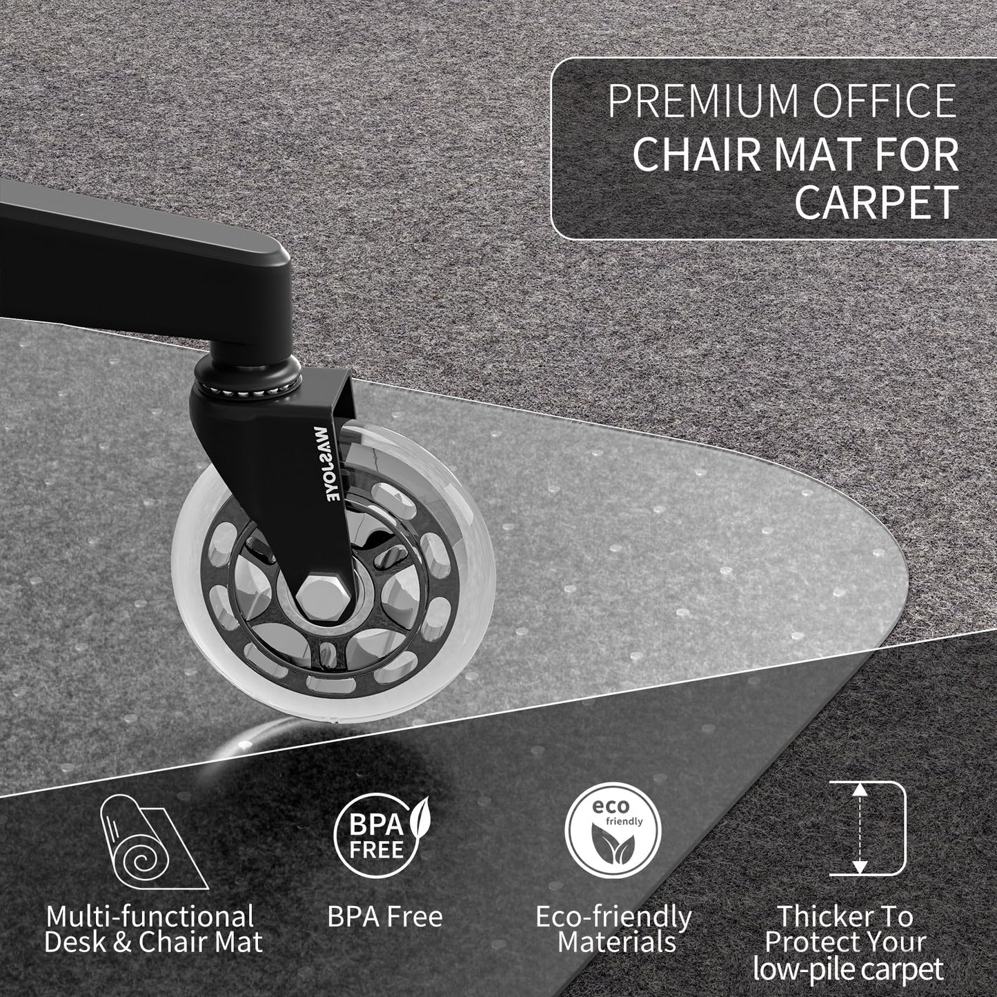 WASJOYE Chair Mat for Carpet, 48" x 60" Office Chair Mat for Carpet, Transparent with Non-Slip Studded for Home and Office