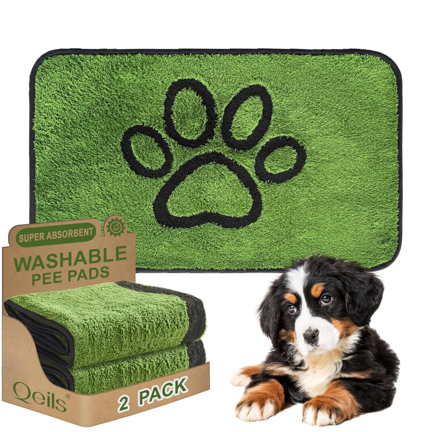 Qeils Reusable Dog Pee Pads, 2 Pack Super Absorbent & Leakproof Washable Puppy Pads with Soft Green Top Layer, for Potty Training, Crates, Couch, Car Seats & Pet Beds, 18"x 30"