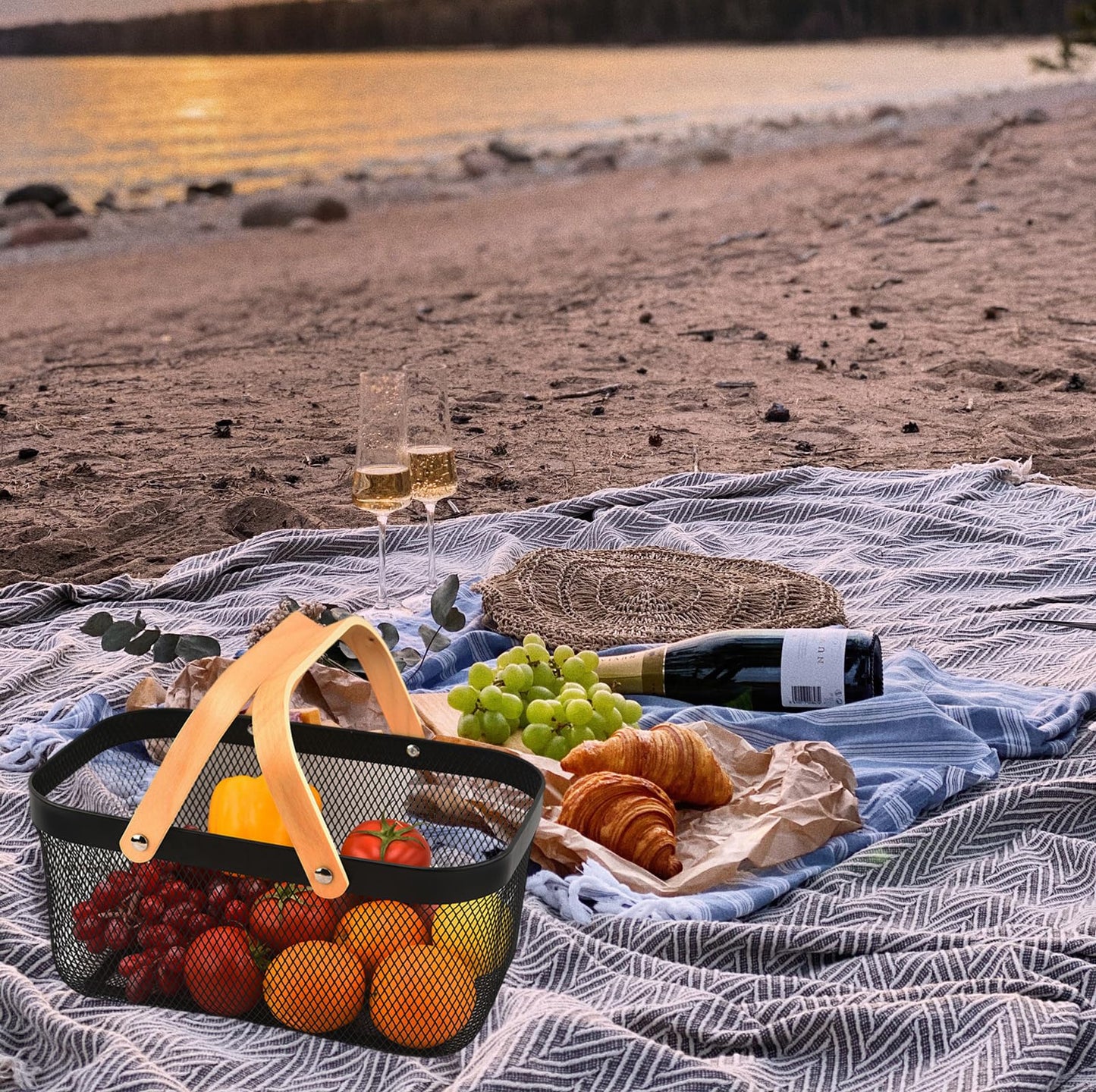 Cheardia 2 Pack Picnic Baskets, Metal Mesh Harvest Basket with Foldable Wooden Handle, Rectangle Garden Storage Basket Bin for Vegetable Fruit Garden Kitchen Cabinet Picking Gathering, Black