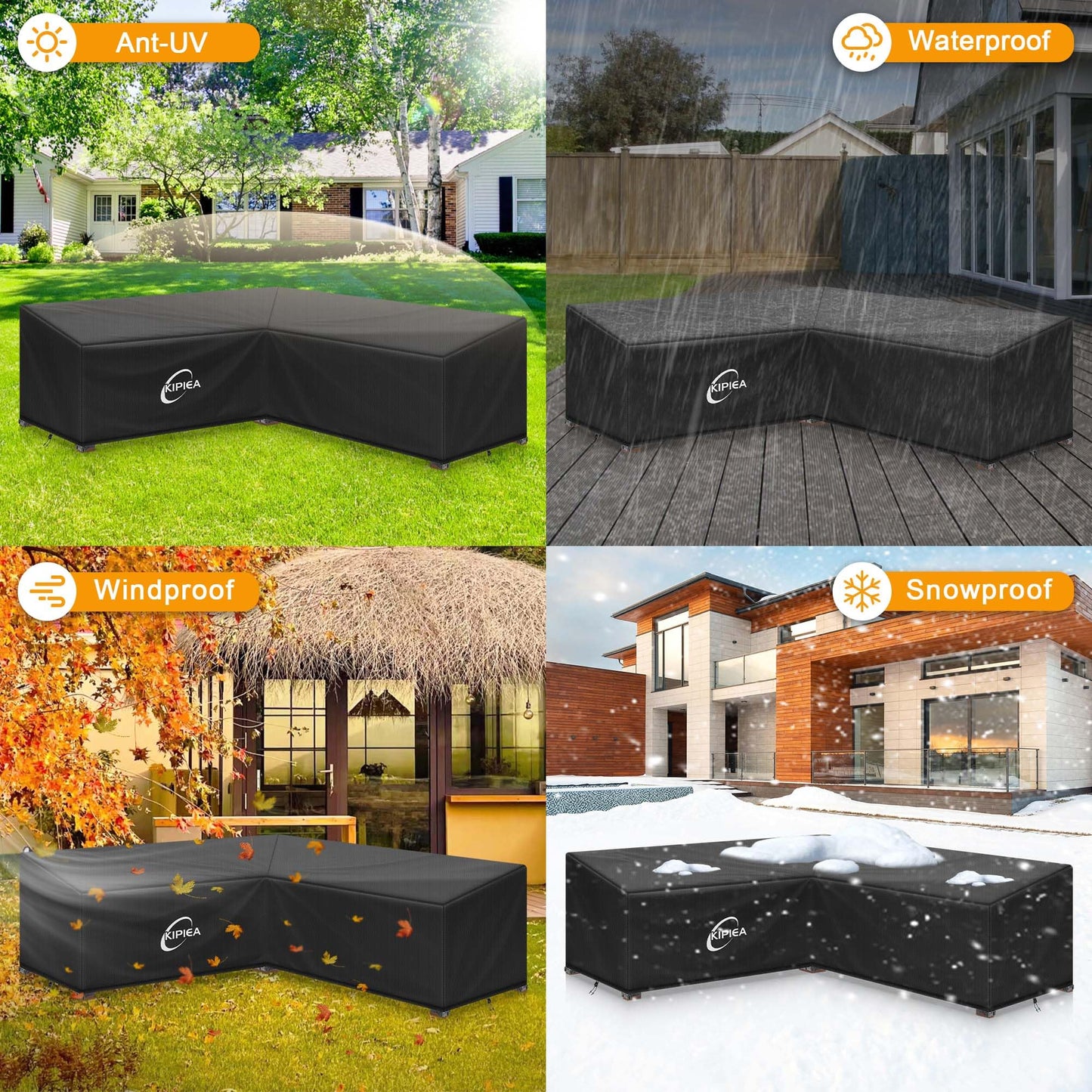 Kipiea 600D V-Shape Outdoor Patio Furniture Covers Waterproof, Outdoor Sectional Cover Windproof, Patio Sectional Sofa Cover Anti-UV, No Tears & No Fading (85"/85"L x 33.5"D x 31"H) Black