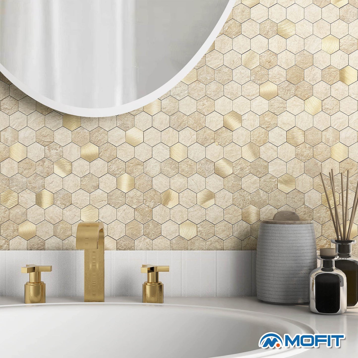 M MOFIT Hexagon Peel and Stick Backsplash Tiles Kitchen,Self-Adhesive Metal and Marble Honeycomb Peel and Stick Wall Tiles Sticker Mosaic Heat Resistant(Beige,10sheets)