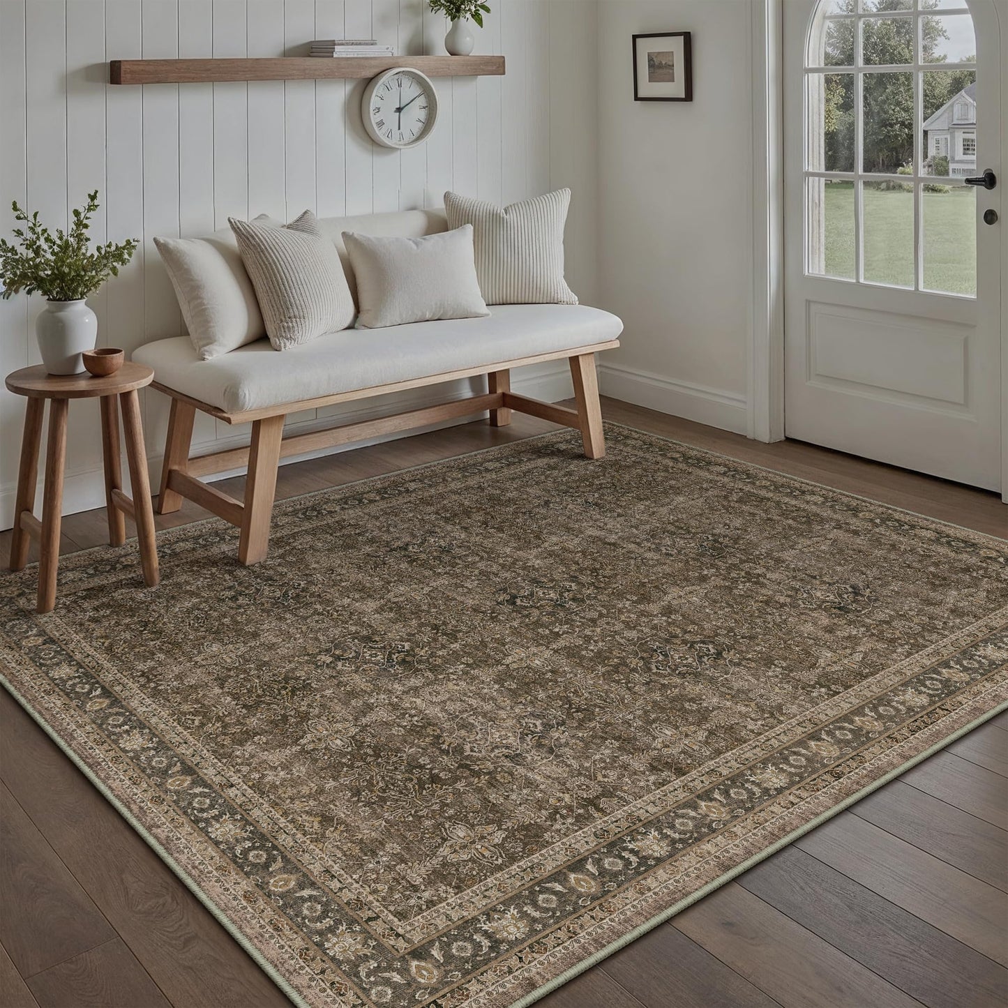 PureCozy Brown Area Rug 5x7 Living Room Machine Washable Vintage Carpet Non Slip Indoor Retro Traditional Accent Throw Large Rug for Office Kitchen Bedroom Dining Room