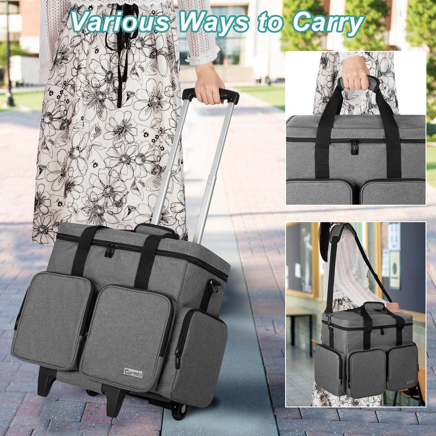 CURMIO Rolling Teacher Tote Bag with Padded Laptop Compartment for up to 15.6 Inches Laptop, Wheeled Teacher Bag for Teaching, Office, Craft or Tutoring Supplies, Gray