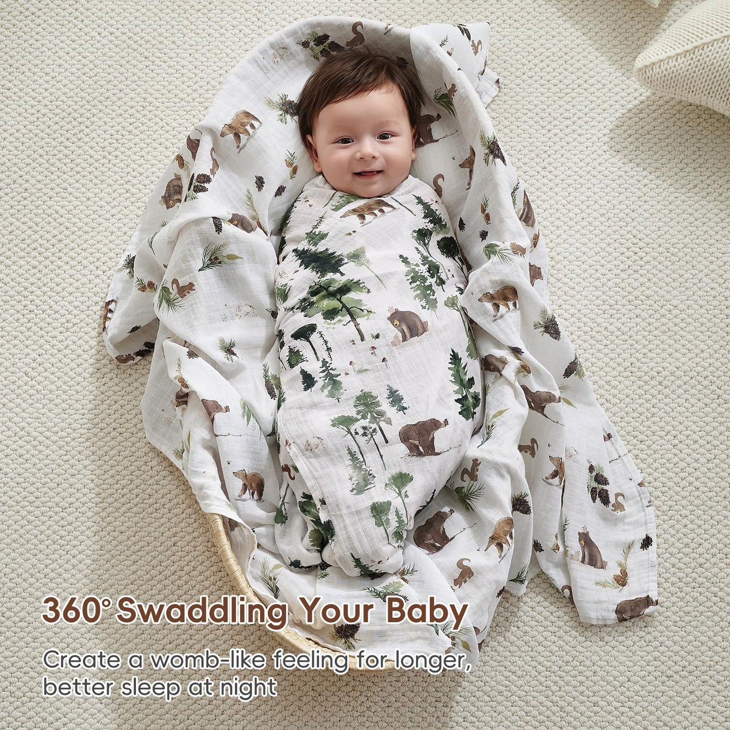 david's kids 4 Pack Baby Muslin Swaddle Blankets, 100% Cotton and Ultra Soft Breathable Receiving Blanket Wrap for Boys Girls, New Born Essentials, Large 47 x 47 inches, Forest