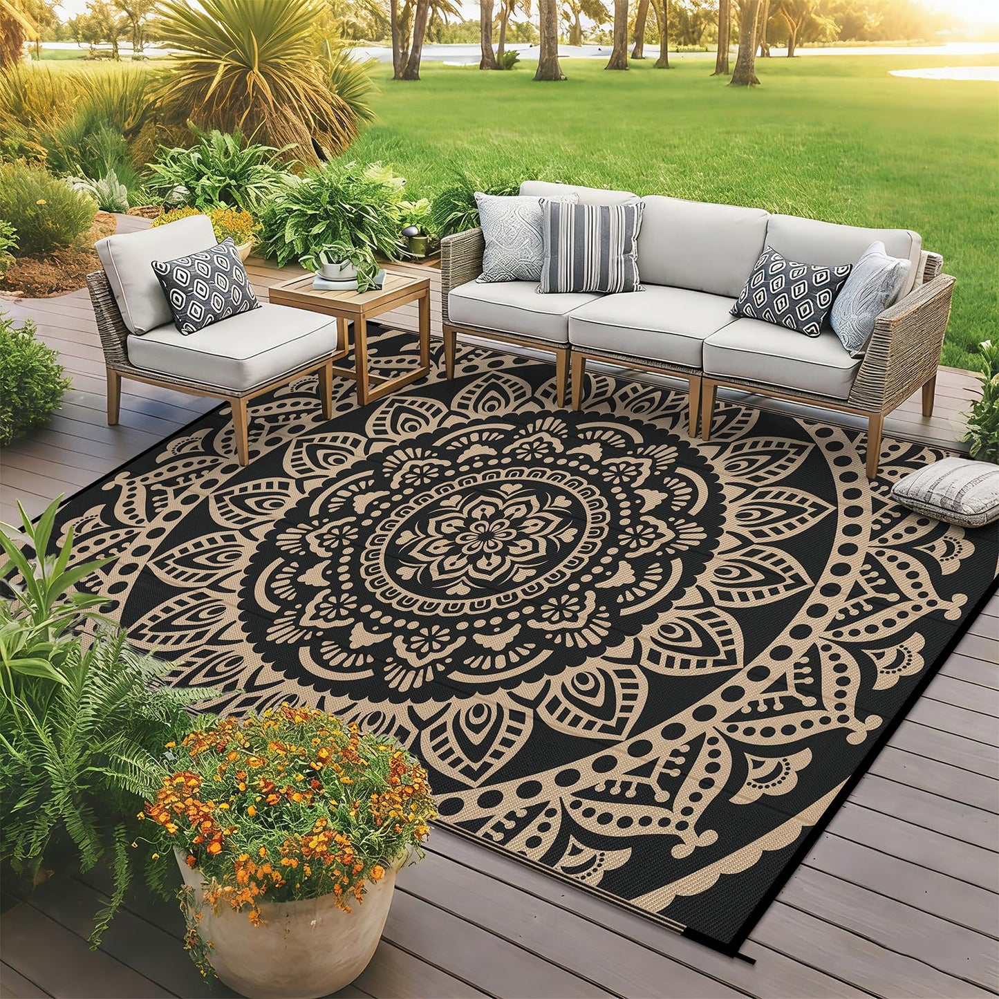 Bsmathom Waterproof Outdoor Rug 5'x8' Reversible Boho Plastic Straw Patio Deck Camping Rugs, Indoor Outdoor Portable RV Mat Clearance Carpet for Outside, Porch, Balcony, Backyard, Beach, Pool