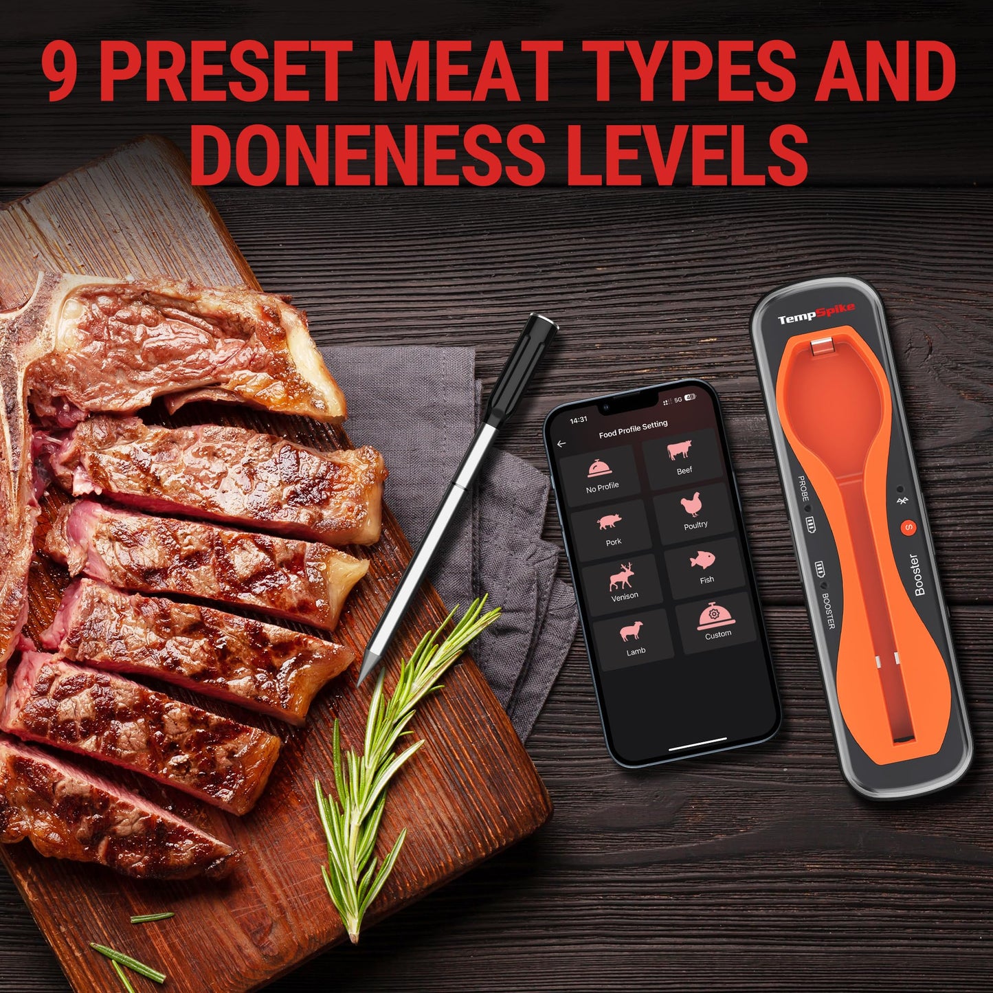 ThermoPro TempSpike 500FT Wireless Meat Thermometer, Bluetooth Meat Thermometer Wireless for Turkey Beef Lamb, Meat Thermometer Digital Wireless for Rotisserie Sous Vide BBQ Oven Smoker Thermometer