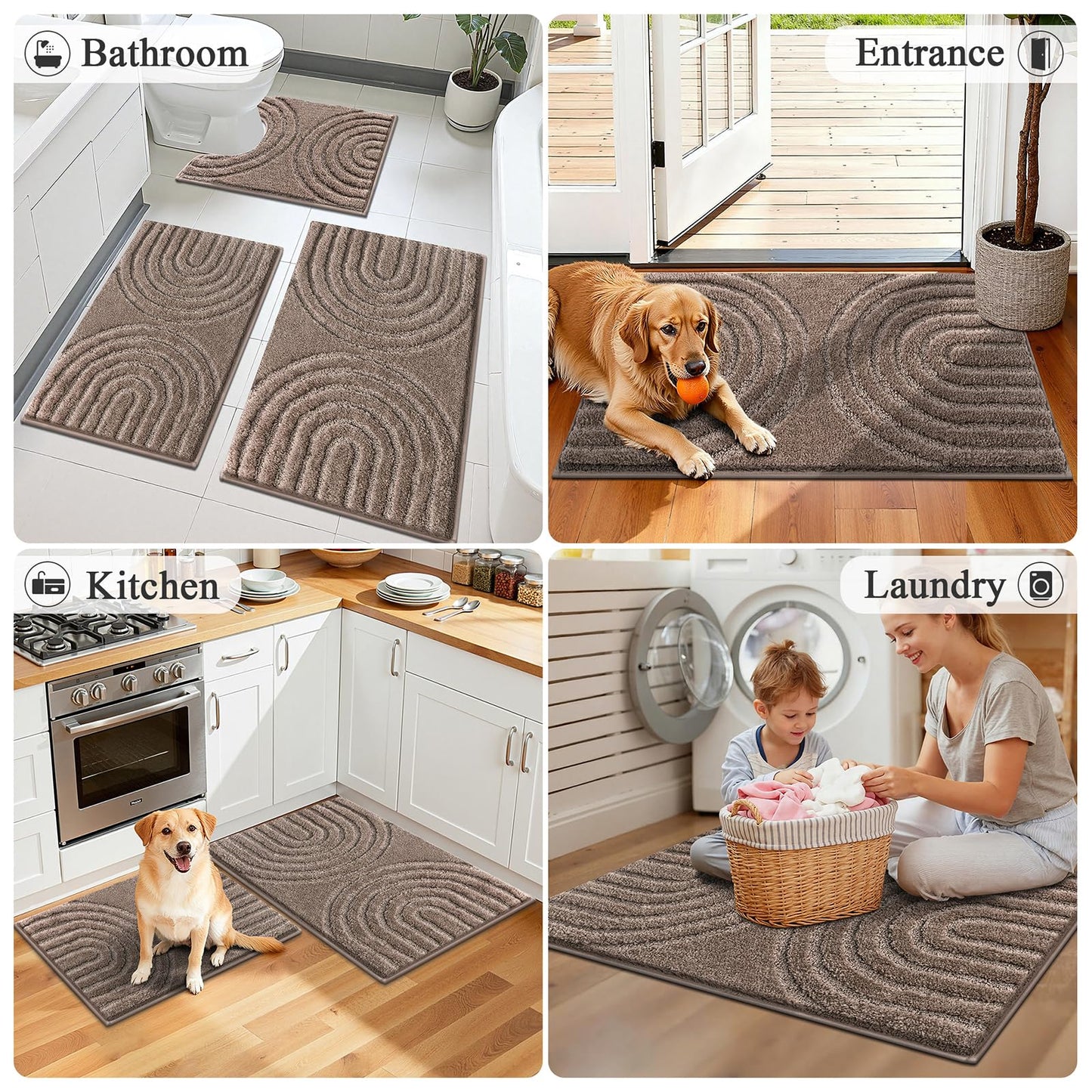 HEBE Microfiber Bath Mat Set 3 Piece, Ultra Absorbent Bathroom Mat, Non-Slip Plush Shaggy Bathroom Rug, Machine Washable Bath Mats for Bathroom Floor, Tub and Shower, Coffee