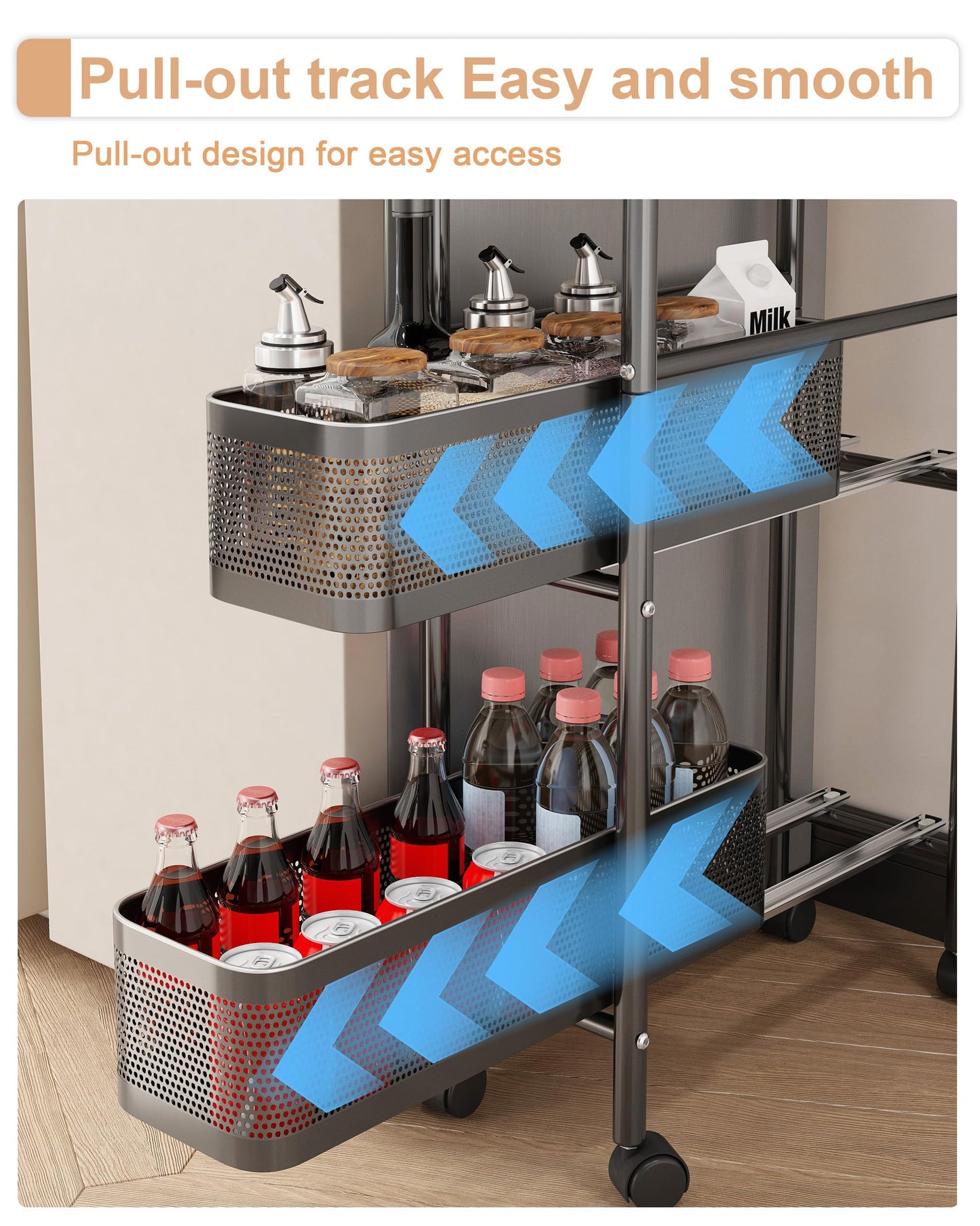 UMDONX 5 Tier Rolling Cart with Pull Out Basket, Premium Metal Slim Storage Cart on Lockable Wheels, Utility Kitchen Organizer for Onion Potato Snack, Narrow Shelving Unit Pantry Wire Shelf, Black