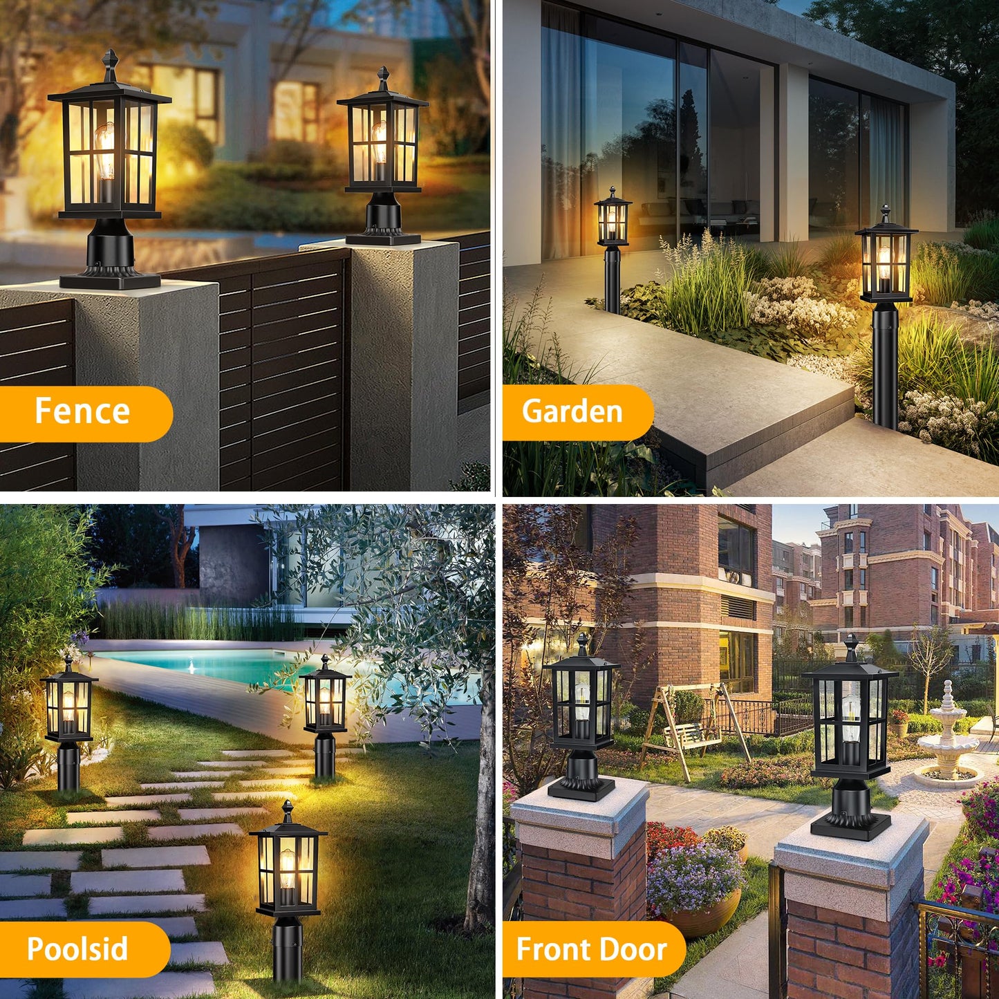 SNRU 2-Pack Outdoor Post Lights, Anti-Rust Farmhouse Pillar Post Light Fixtures, 15" Medium Black Exterior Post Lamp with Tempered Glass, Hardwired 120V Outside Lantern for Garden Driveway & Yard