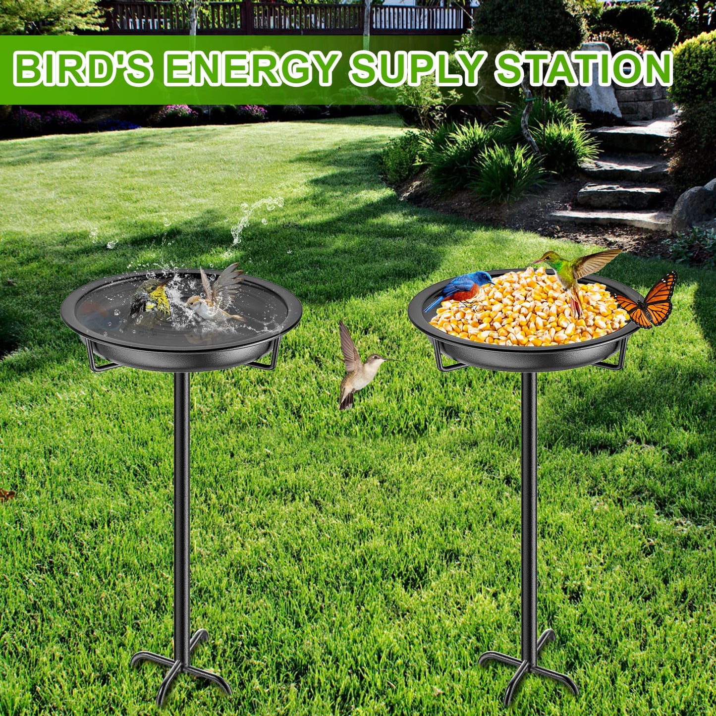 Metal Bird Bath for Outside Garden Birdbath Bowl, 36.2" Height Freestanding Bird Feeders for Outdoors with 4 Prongs Base Stake, Standing Birdfeeders for Yard Lawn Decor (Black)