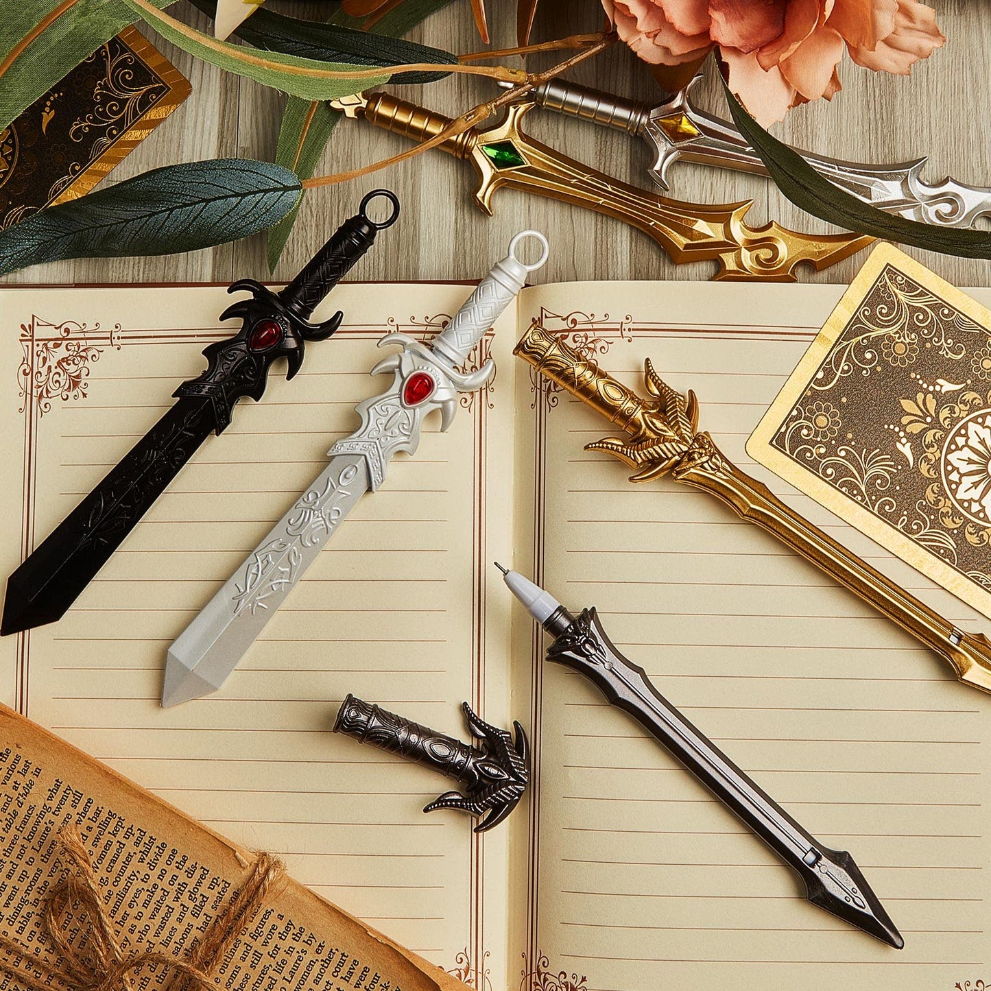Yexiya 24 Pack Ancient Sword Pens Set Gel Ink Novelty Fun Cool Sword Plastic Gel Ink Cool Pens for Christmas Birthday Party Presents and Writing Random Style