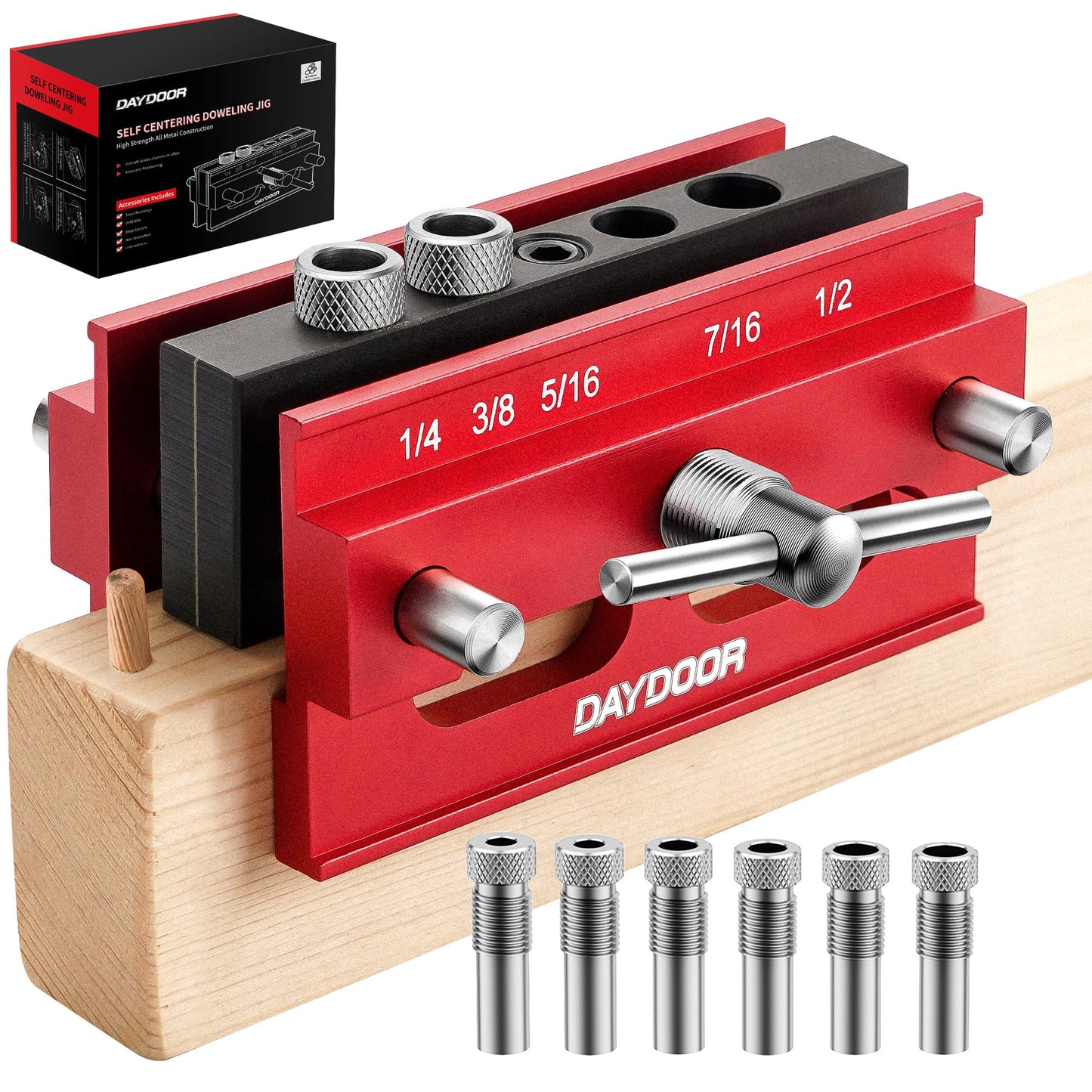 DAYDOOR 2.1" Self Centering Dowel Jig, Universal Capacity Doweling Jig & Drill Guide for Woodworking, Complete Kit with 6 Steel Bushings for Straight Holes(Red)