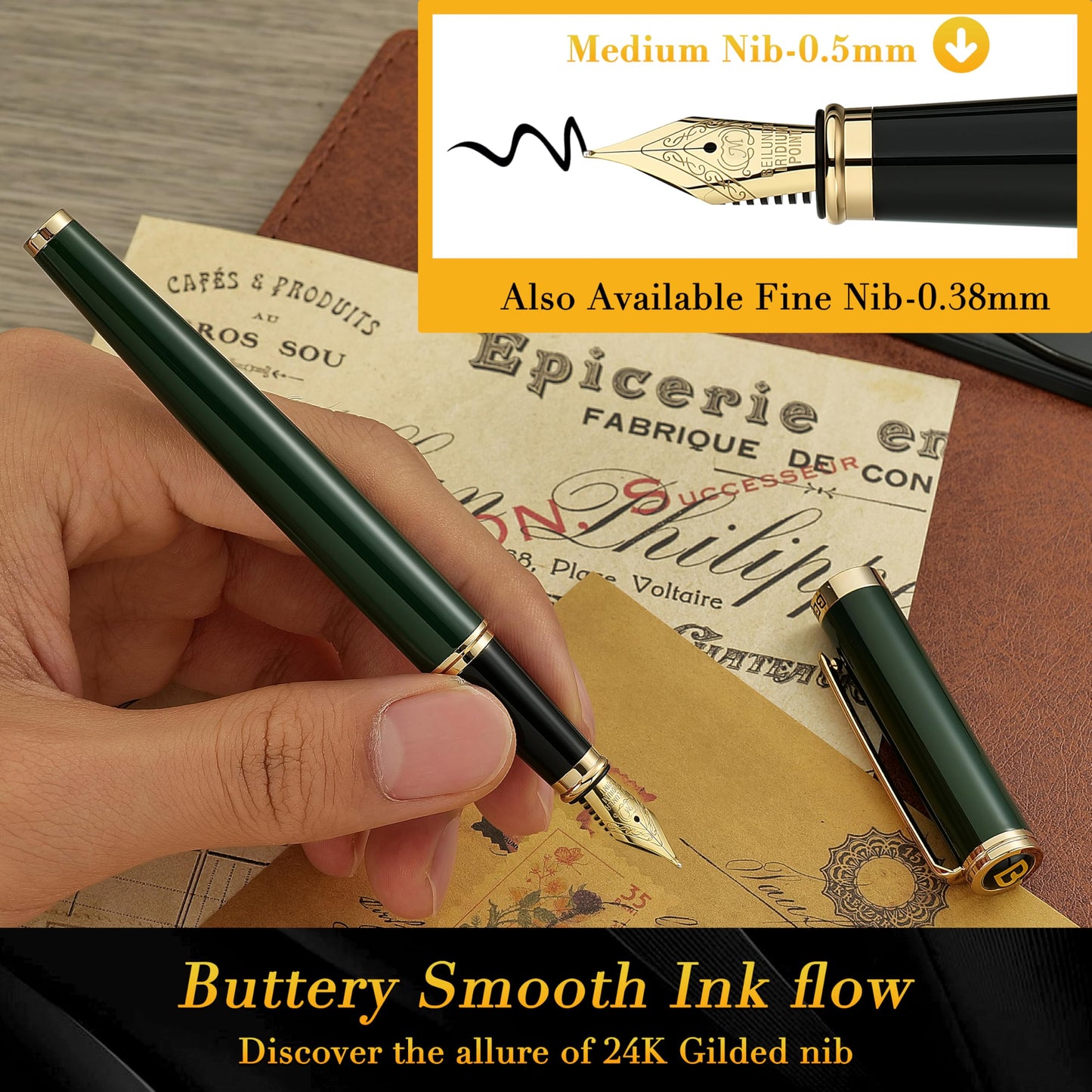 BEILUNER British Racing Green Fountain Pen,Stunning Luxury Pens with 24K Gold Accents, Gorgeous 24K Gilded Nib(Medium), Ink Converter, Pen Gift for Men&Women-Elegant, Reliable,Fancy for Writing