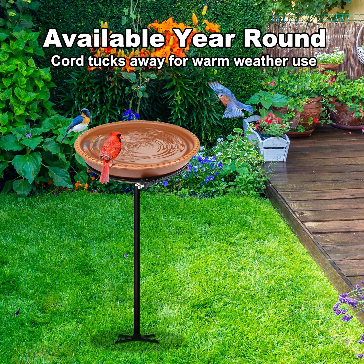 BIRD WISH Heated Bird Bath, Stable 5-Prong Metal Base Thermostat Control Weather Resistance All Seasons Available 75W Heated Bird Baths for Outdoors for Winter Garden Yard Patio Lawn, Terracotta