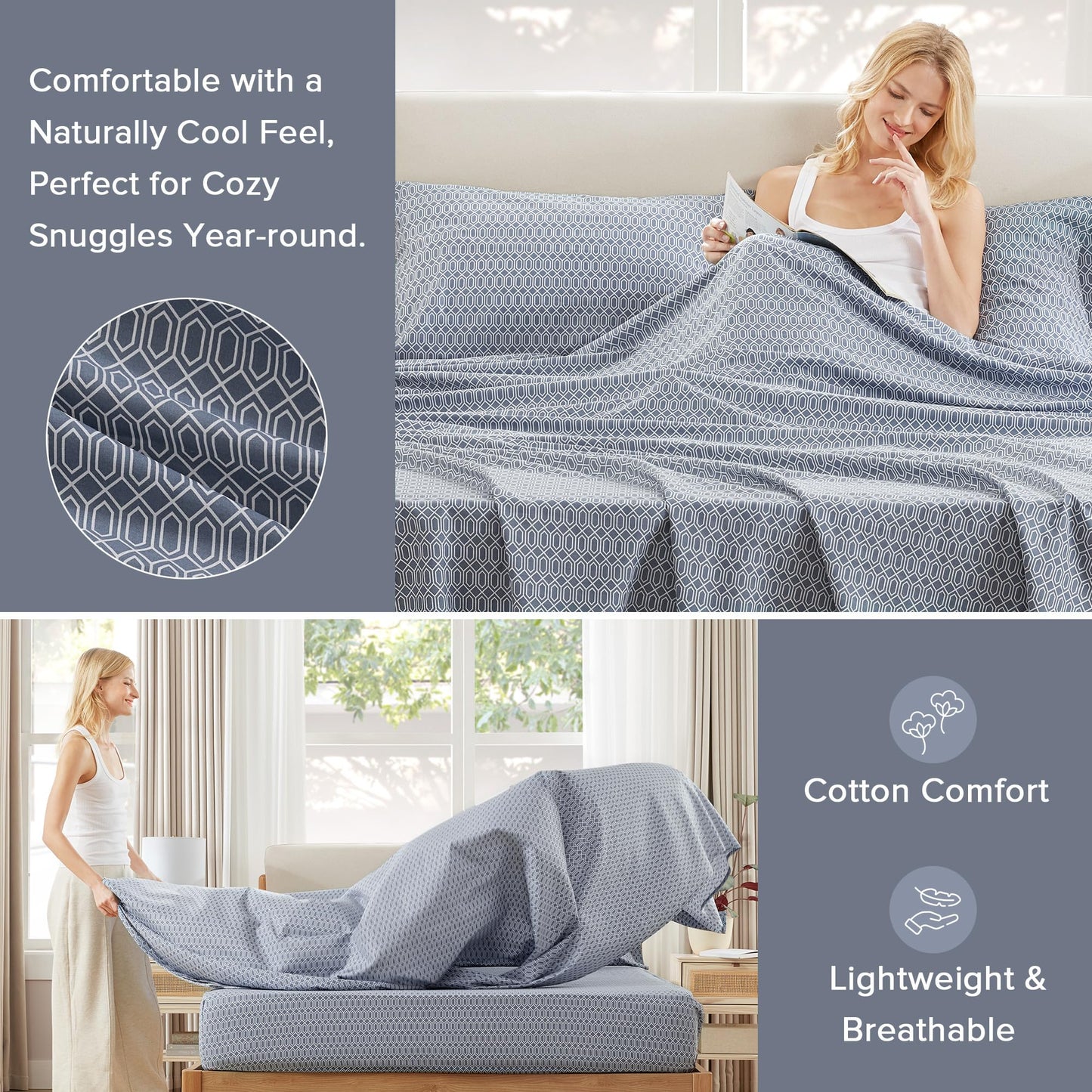 Comfort Spaces 100% Cotton Sheets Full, Breathable, Naturally Cool Cotton Sheets, Soft Cotton Bed Sheets with 14" Elastic Pocket Fits up to 16" Mattress, All Seasons Sheet Set, Diamond Blue 4 Piece