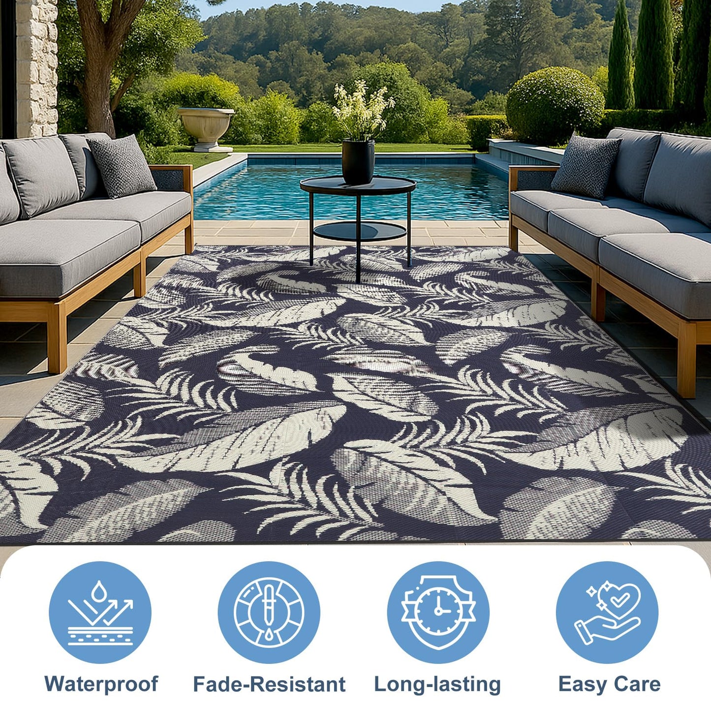OPPODREAM Reversible Outdoor Rug 5x7, Waterproof Outdoor Plastic Straw Rug for Patio, Tropical Leaf Spring Camping Rugs for Outside, Deck, Backyard, Camping, Balcony, Porch, Rv, Navy and Beige