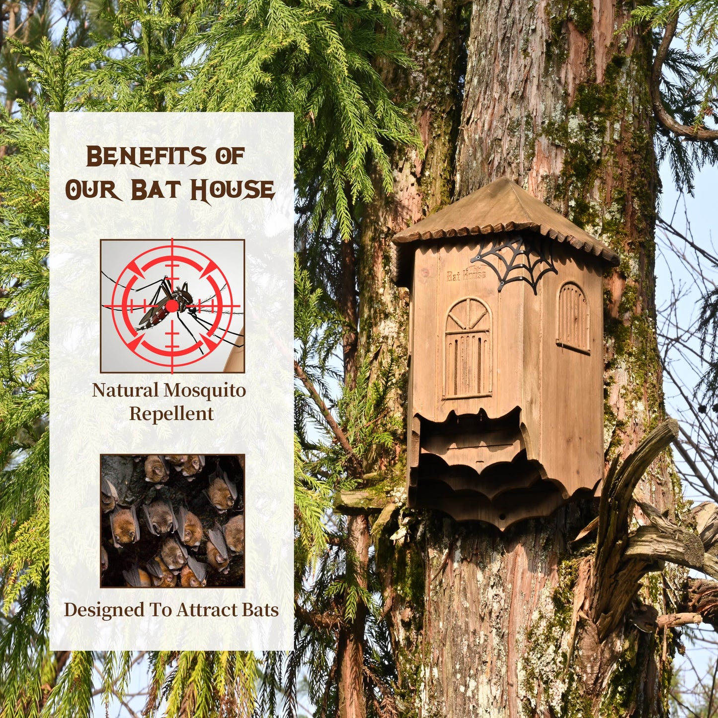 Wooden Castle Bat House with Gatehouse/Tower/Curtain Wall Design, Large Ventilated 2/3 Chamber Bat Box, Ideal for Outdoor Bat Attraction, Easy to Hang