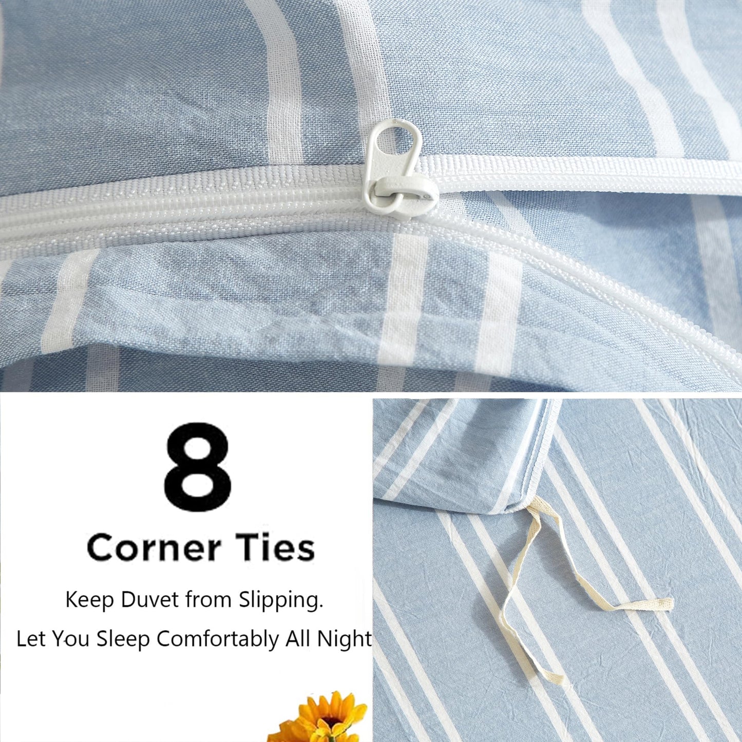 Duvet Cover Full Size Blue White Striped Duvet Cover Set Washed Cotton Linen Feel Chic Bedding Set for All Seasons Breathable Durable Textured (Wide Striped QLBT)