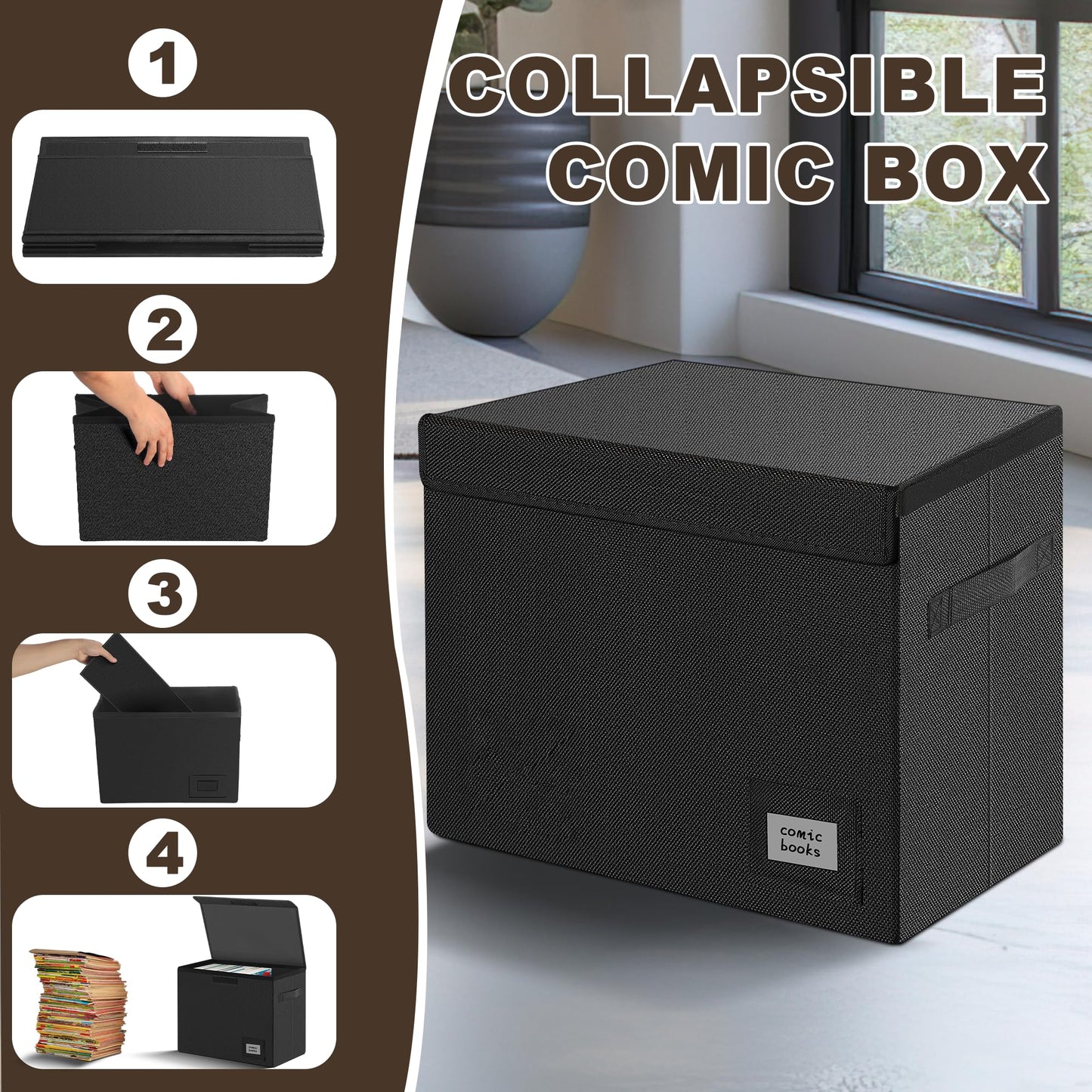 Leffis Comic Book Storage, Comic Book Box, Collapsible and Stackable, Short Comic Box, Moistureproof Comic Box with Lid and Label Slot, 15.5 x 7.5 x 11.3 inches, Holds 150