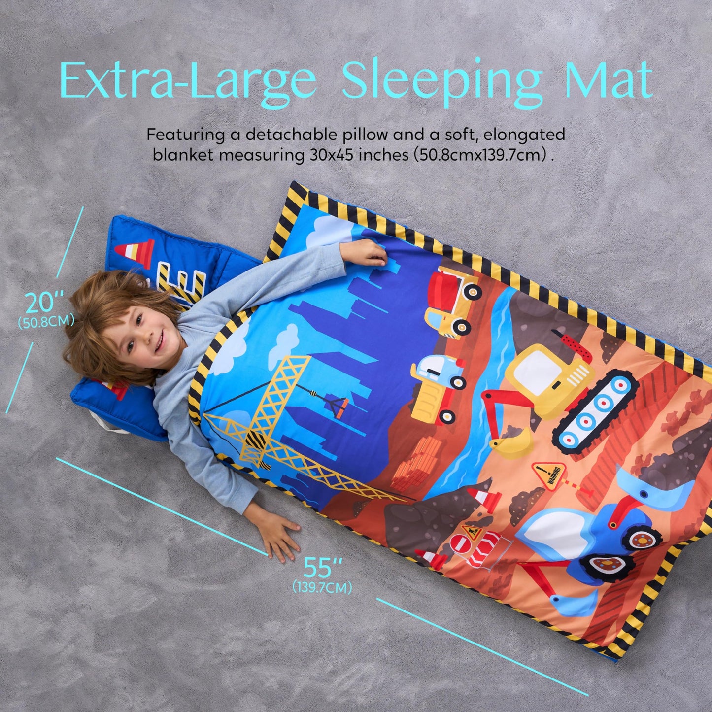JOIEDOMI Toddler Sleeping Bag for Kids 55''x30'' Nap Mat with Removable Pillow and Minky Blanket for Toddler Ages 3-7 Roll Up Kids Sleeping Bag for Boys Girls Kindergarten Daycare Sleepover Vehicle