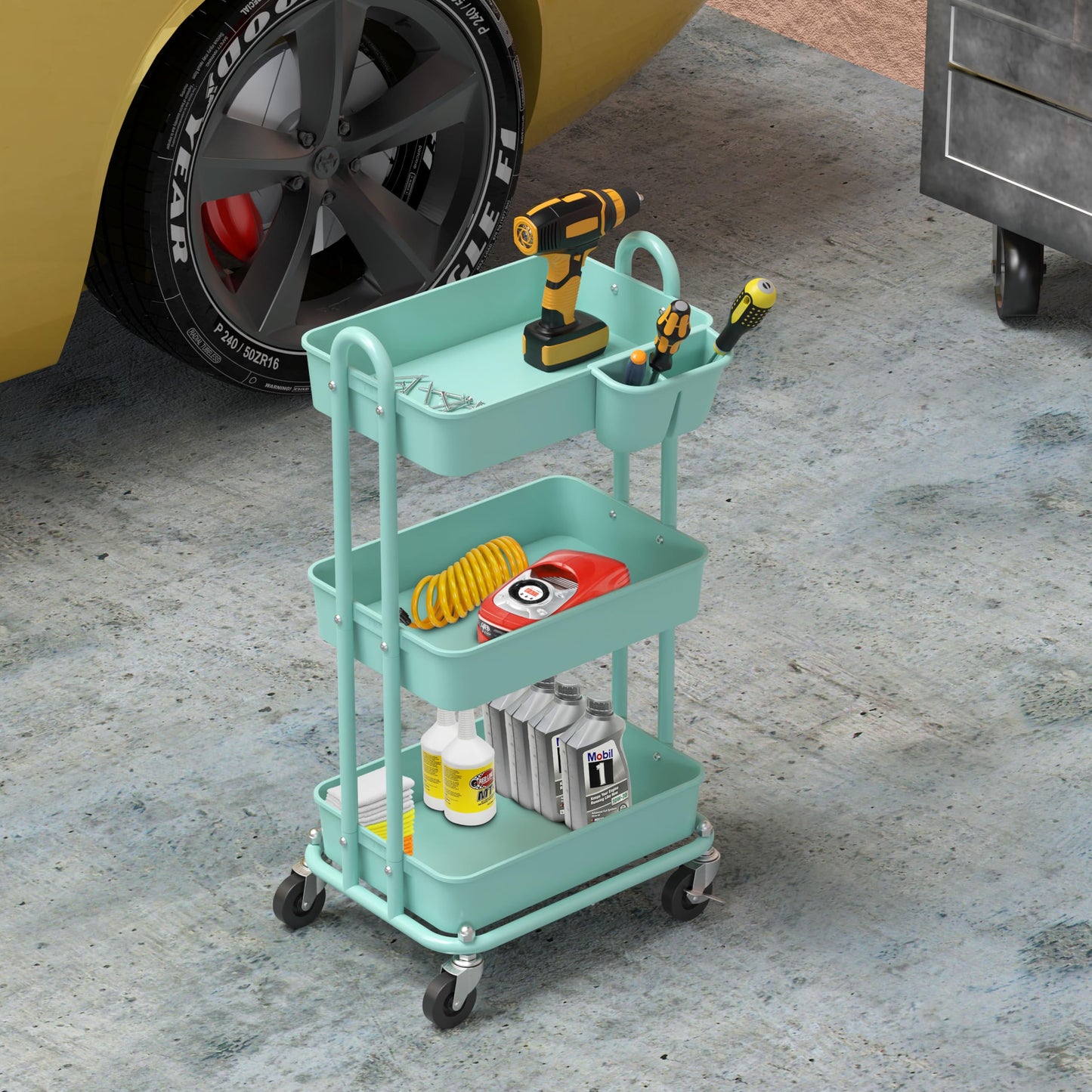 Simple Houseware 3-Tier Rolling Utility Cart with Hanging Buckets, Turquoise