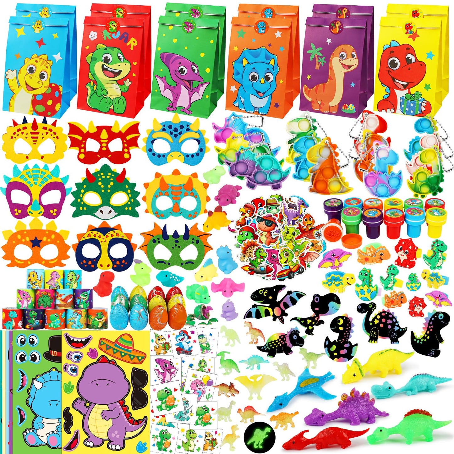 RichSmile 352PCS Dinosaur Party Favors, Dinosaur Birthday Party Decorations Supplies, Stickers Keychains Goodie Bags for Kids Birthday Gifts, Dino Slingshot Finger Fidget Toys Bulk