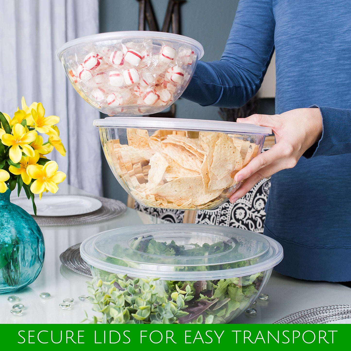 PLASTICPRO Disposable 150 Ounce Round Crystal Clear Plastic Serving Bowls, With Lids Party Snack or Salad Bowl, Chip Bowls, Snack Bowls, Candy Dish, Salad Container Pack of 4