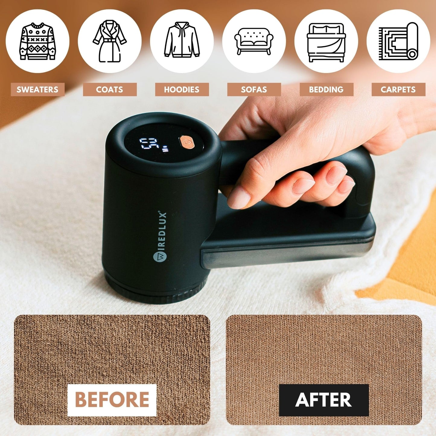 WiredLux Rechargeable Fabric Shaver - Electric Lint Remover for Clothes & Couch - Adjustable 3-Speed, 6-Leaf Blade, LED Display, USB Charging - Depiller with Dual Protection (Midnight Black)