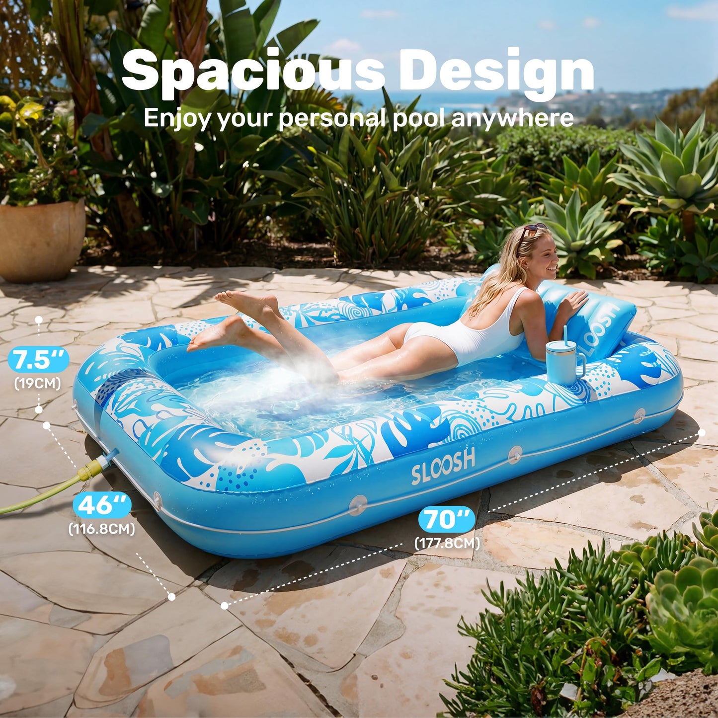 SLOOSH Misting System Inflatable Tanning Pool Lounger Float, 6 in 1 Large Mist Cooling Tanning Bed Floaties with Pillow & Cup Holders, 70" x 46" Blow Up Suntan Lounge Raft Beach Backyard Adults Gifts