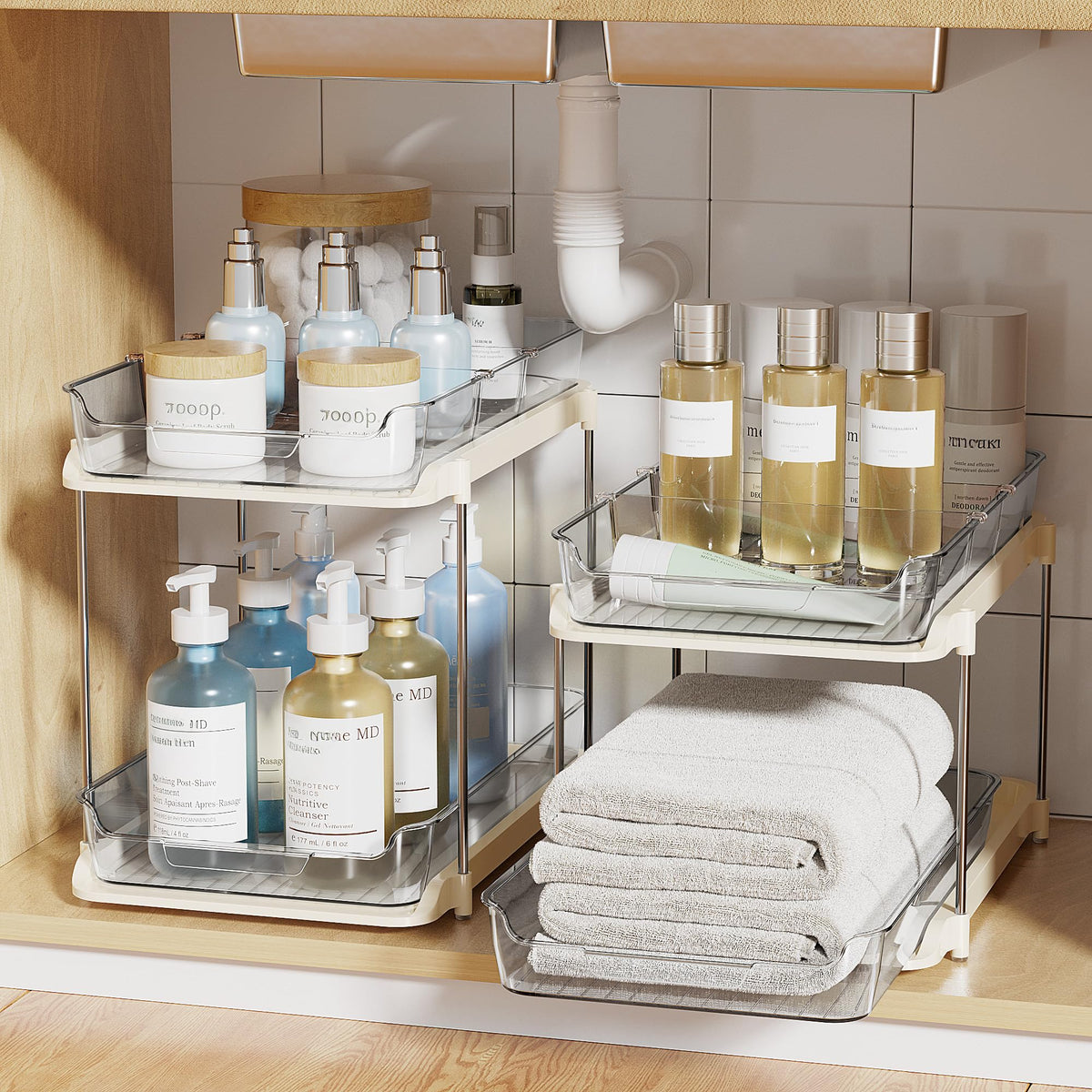 Delamu 2-Tier Multi-Purpose Bathroom Under Sink Organizers and Storage, Stackable Kitchen Pantry Organization, Pull Out Medicine Cabinet Organizer with Movable Dividers, Beige, 2 Pack